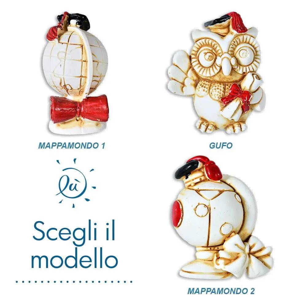Bomboniera Laurea Magnete Gufo e Mappamondo in Resina Applicazioni in Resina e Gesso Albalu Bomboniere