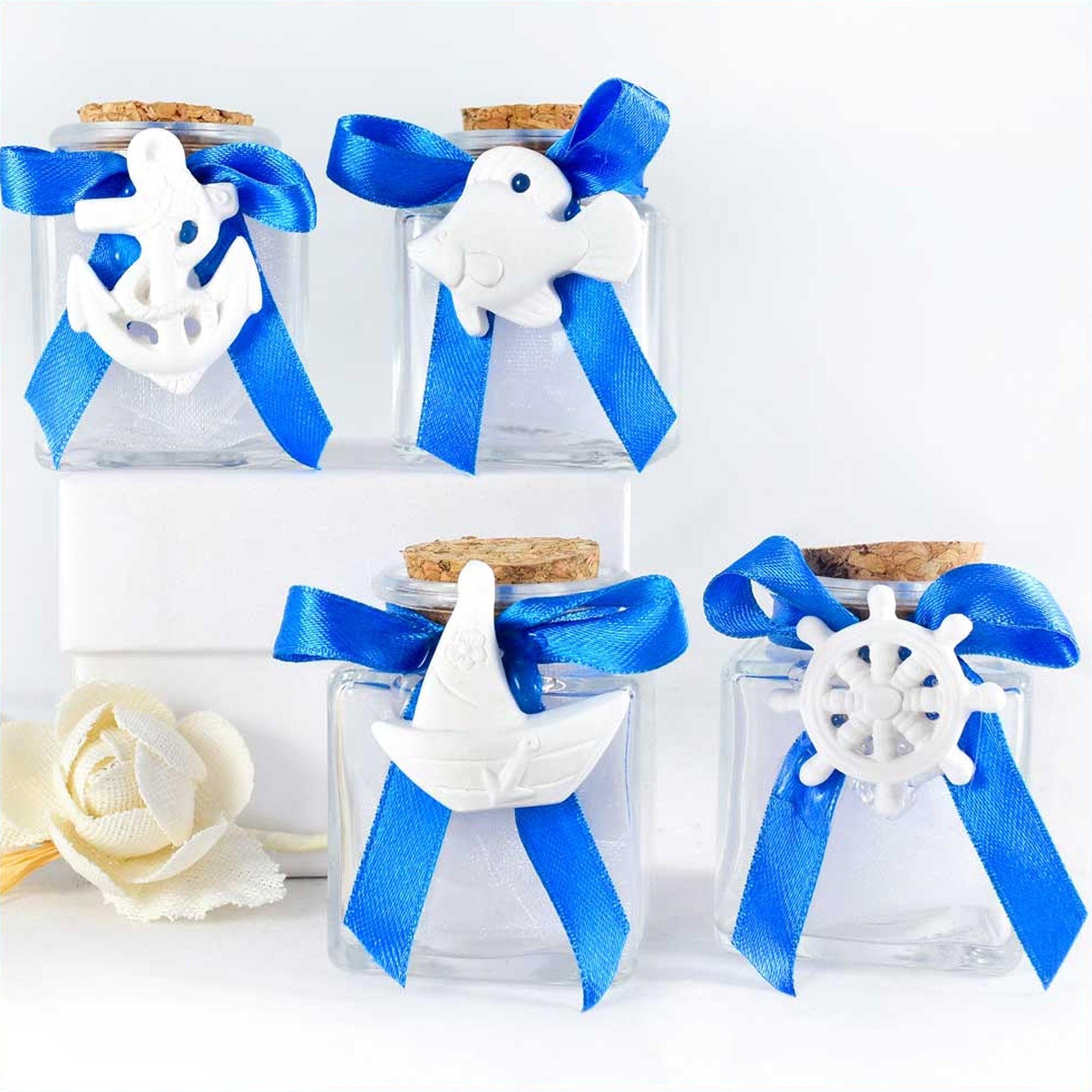 Barattolino Portaconfetti in Vetro con Tappo in Sughero e Applicazione in Gesso Tema Mare  e Nastrino Blu Portaconfetti Albalu Bomboniere