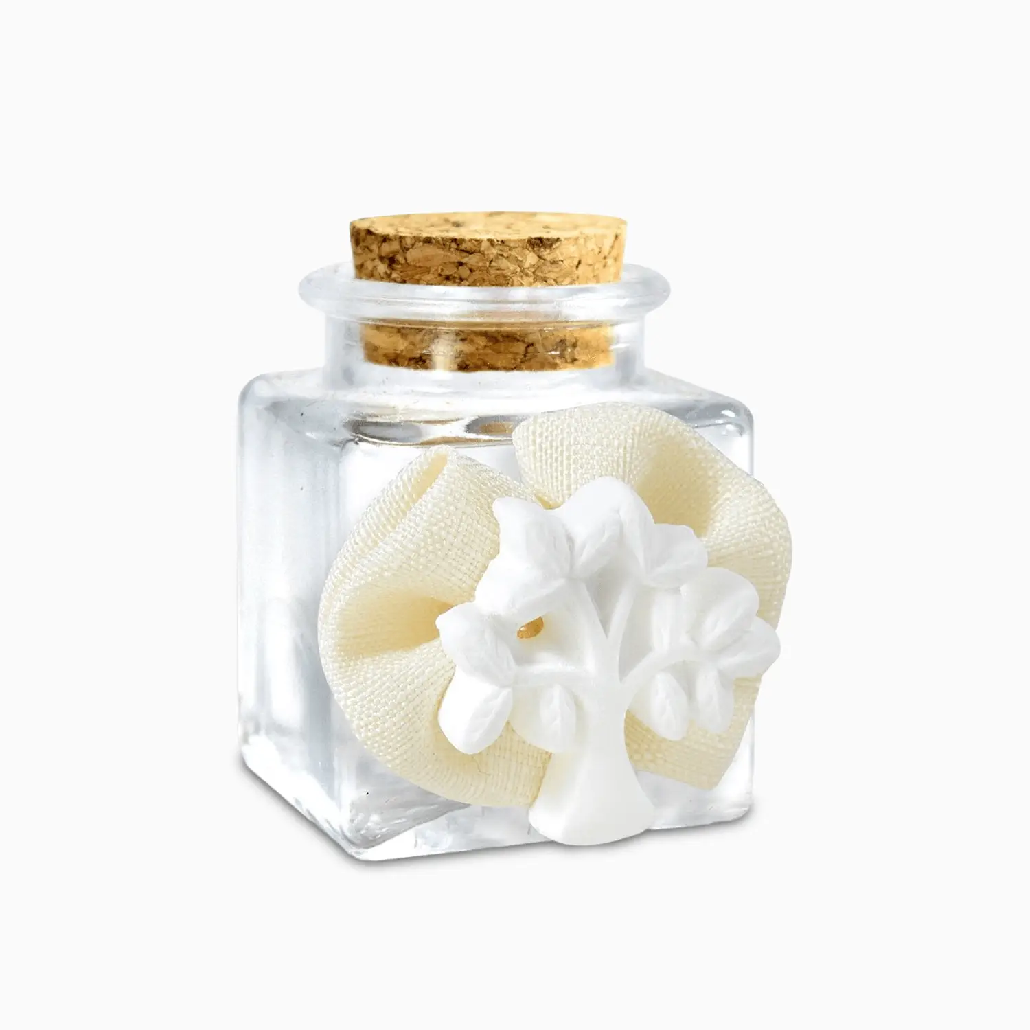 Barattolino Portaconfetti in Vetro con Tappo in Sughero e Decorato con Gessetto a Forma di Albero della Vita e Coccarda a Forma di Fiocco