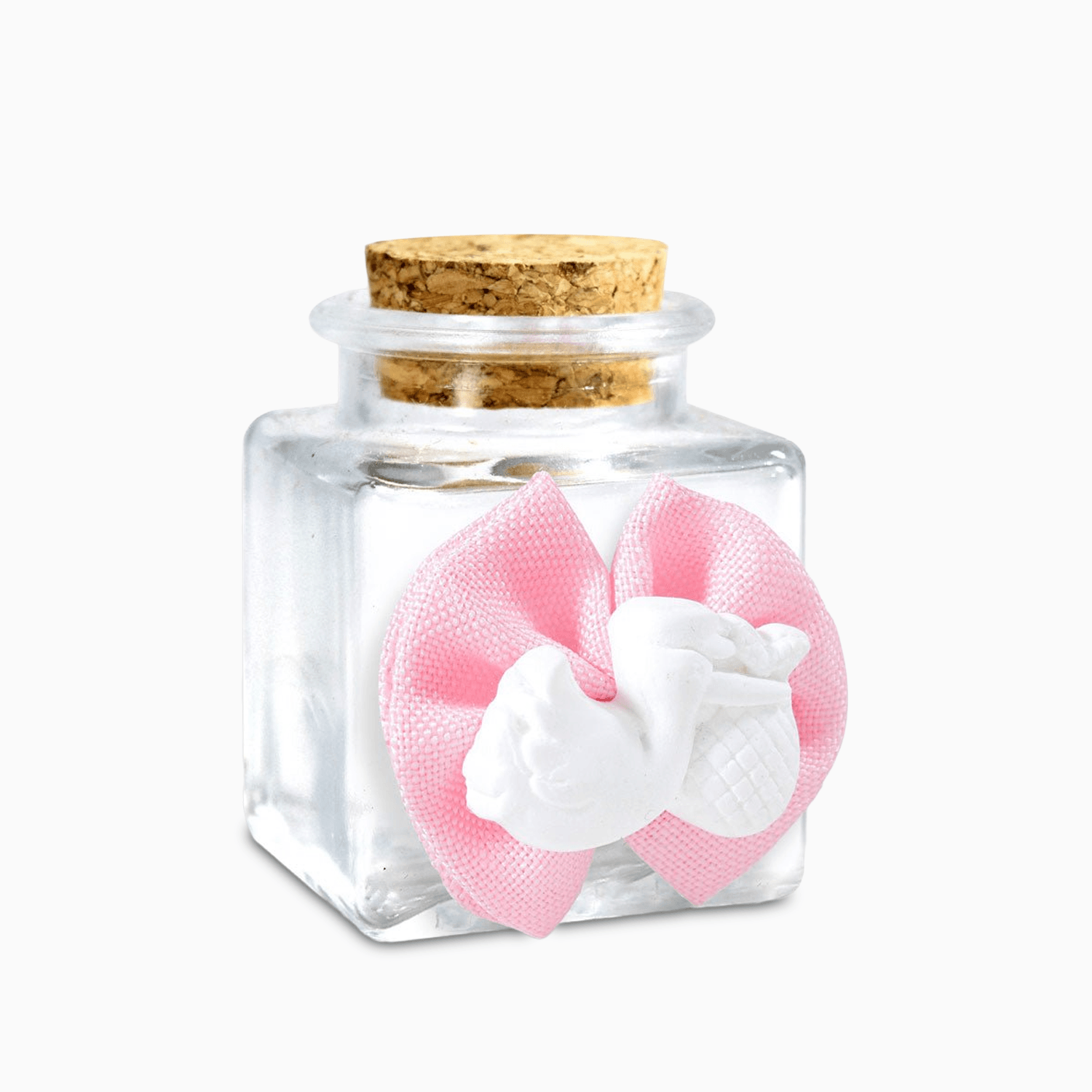 Barattolino Portaconfetti in Vetro con Tappo in Sughero e Decorato con Gessetto a Forma di Cicogna e Coccarda a Forma di Fiocco