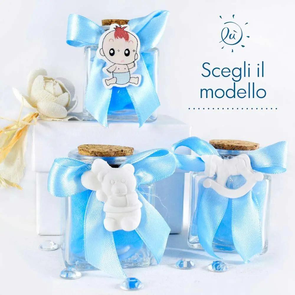 Barattolino confettata Nascita con Nastro Cielo e Applicazione Gesso Portaconfetti Albalu Bomboniere