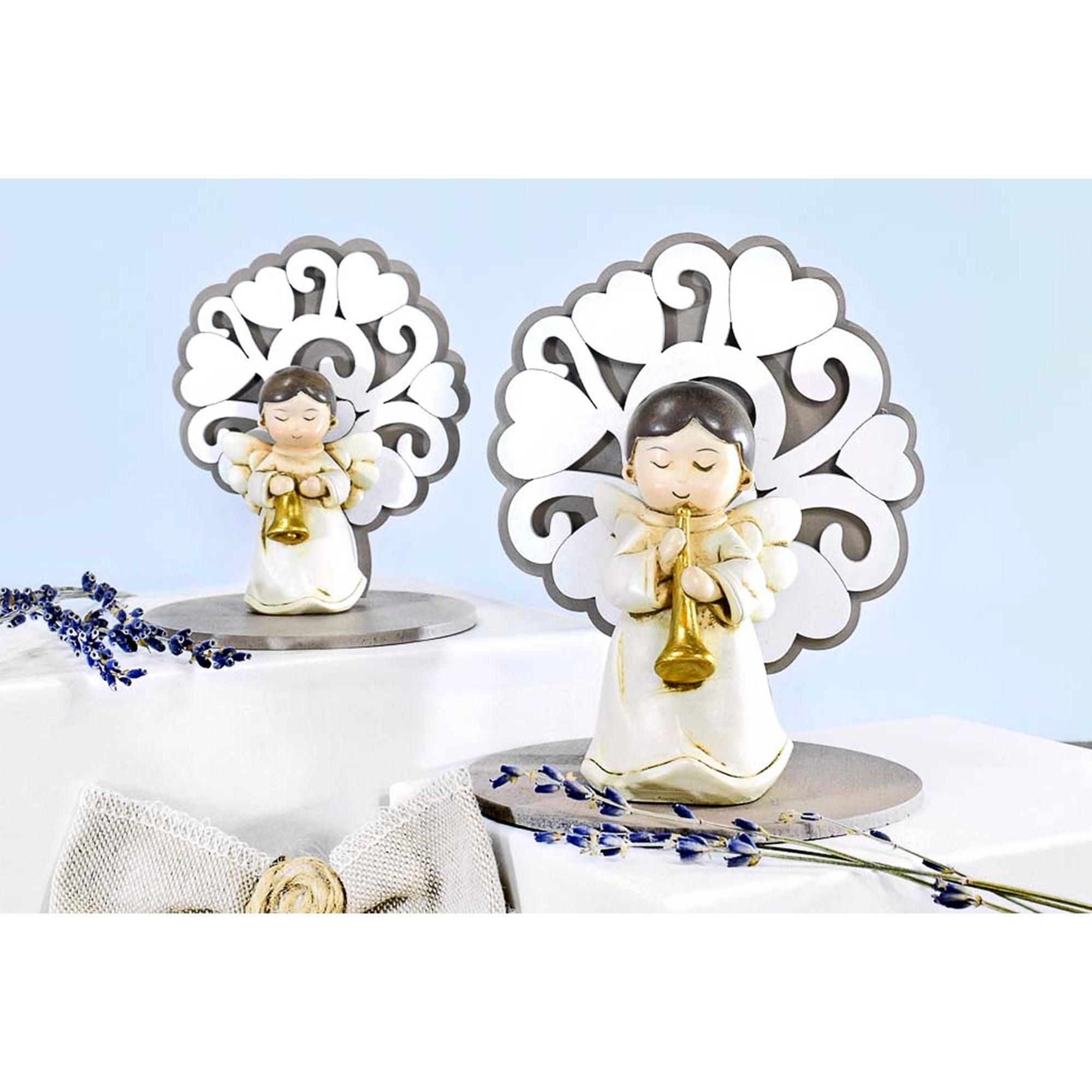 Bomboniera Albero della vita in legno a Cuori con Applicazione Angelo in Resina Decorata per Battesimo e Comunione Oggettistica Albalu Bomboniere