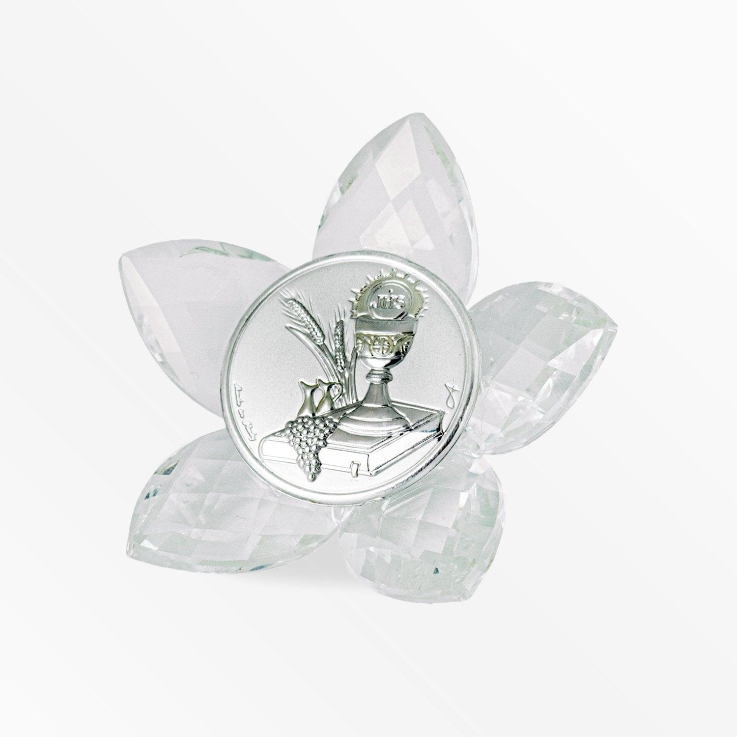 Bomboniera Comunione in Cristallo Fiore con Placca Calice Comunione in Argento Laminato Cristalli Albalu Bomboniere