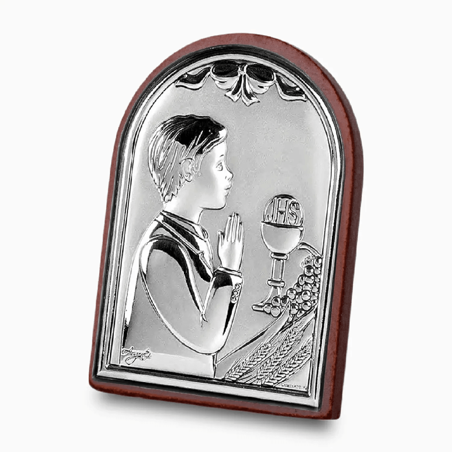Bomboniera Icona Comunione Bimbo Bimba che Prega in Argento con Retro Legno wenge