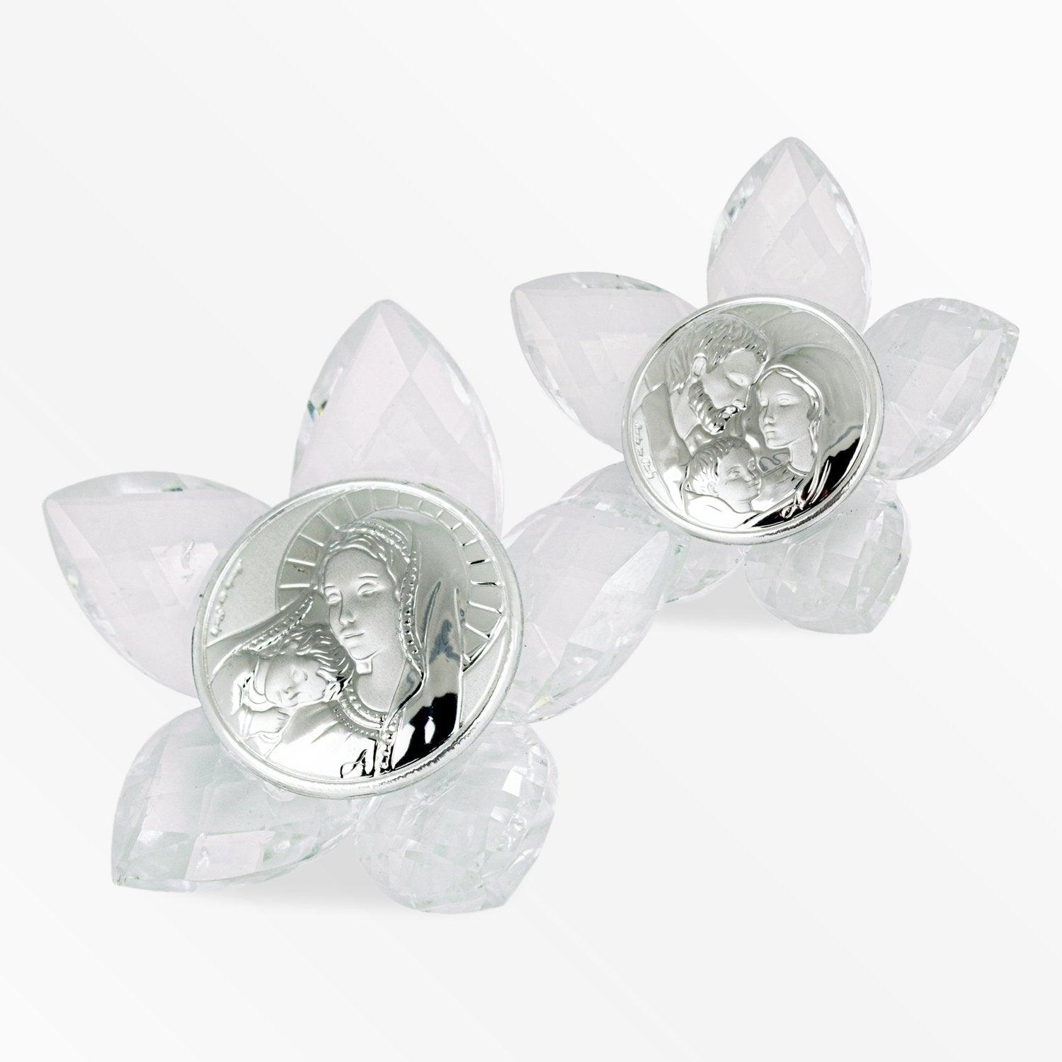 Bomboniera Maternità e Sacra Famiglia Fiore in Cristallo da Appoggio con Placca Tonda in Argento Laminato a Cristalli Albalu Bomboniere