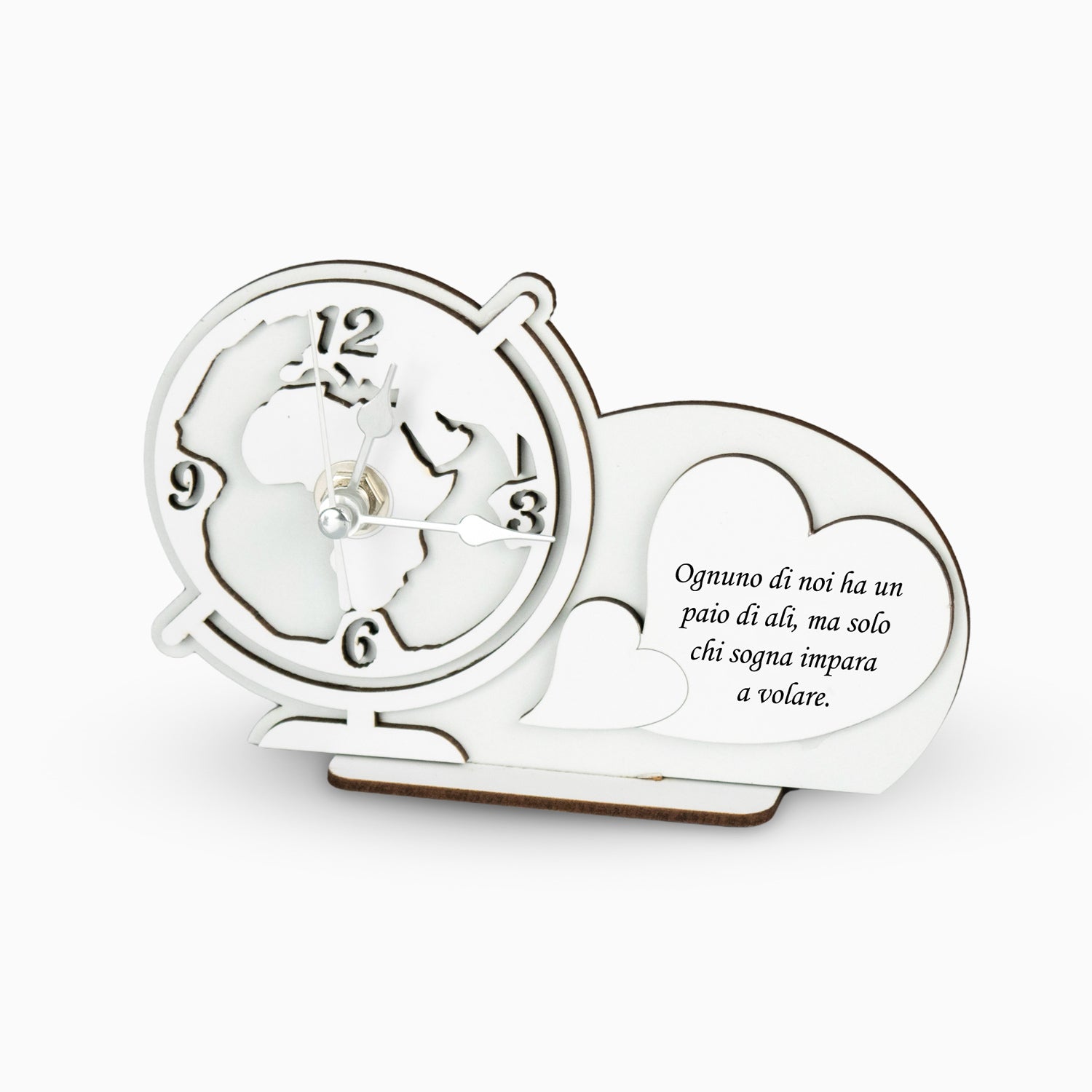 Bomboniera Orologio Mappamondo in Legno con Frase motivazionale su Cuore di Design