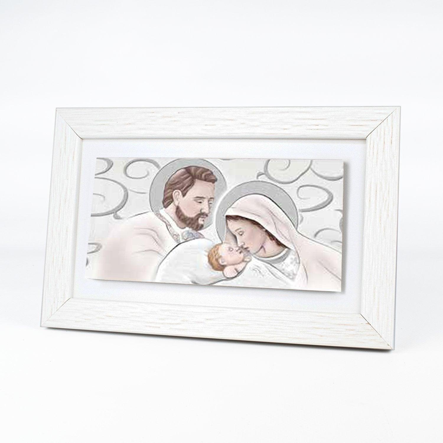 Bomboniera Quadretto in Legno con Sacra Famiglia e Maternità in Gres Porcellanato e Cornice Bianca