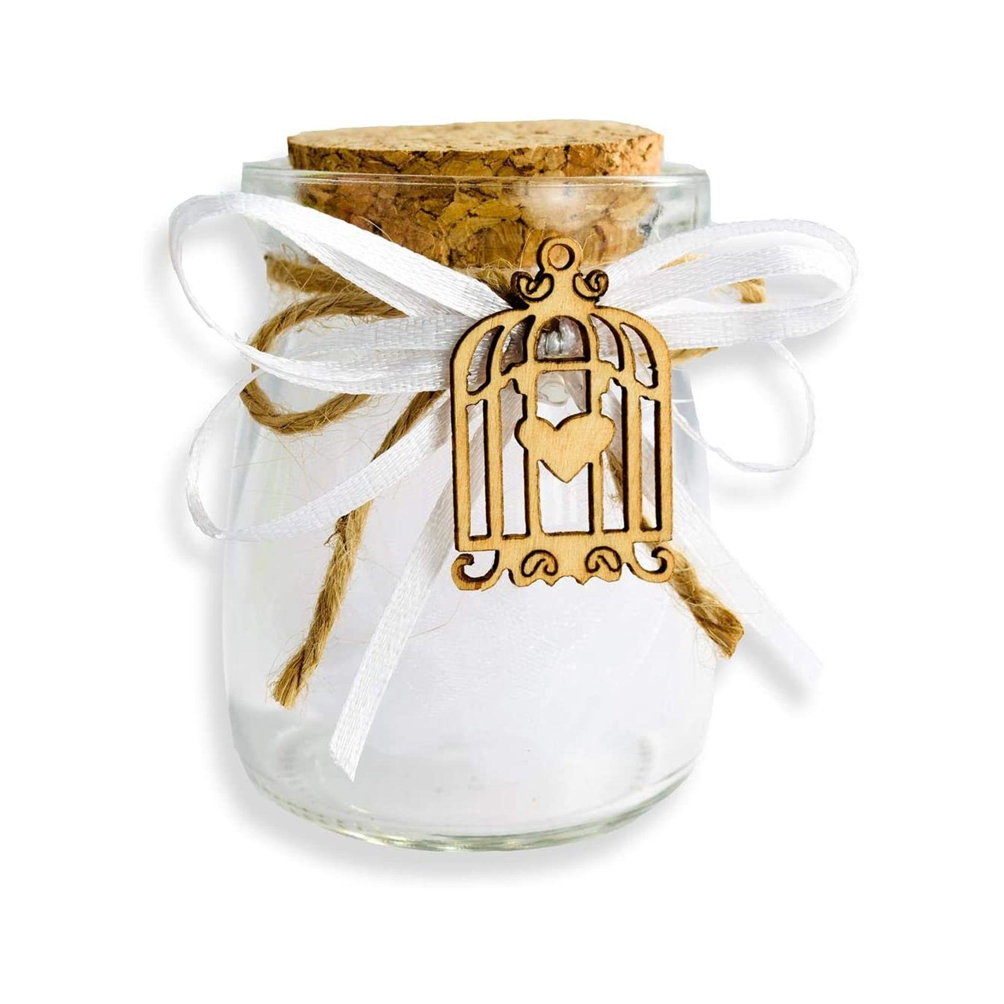Bomboniere Matrimonio Confettata Barattolo Vetro Tubo Sughero con applicazione Gabbietta Cuore in legno Portaconfetti Albalu Bomboniere