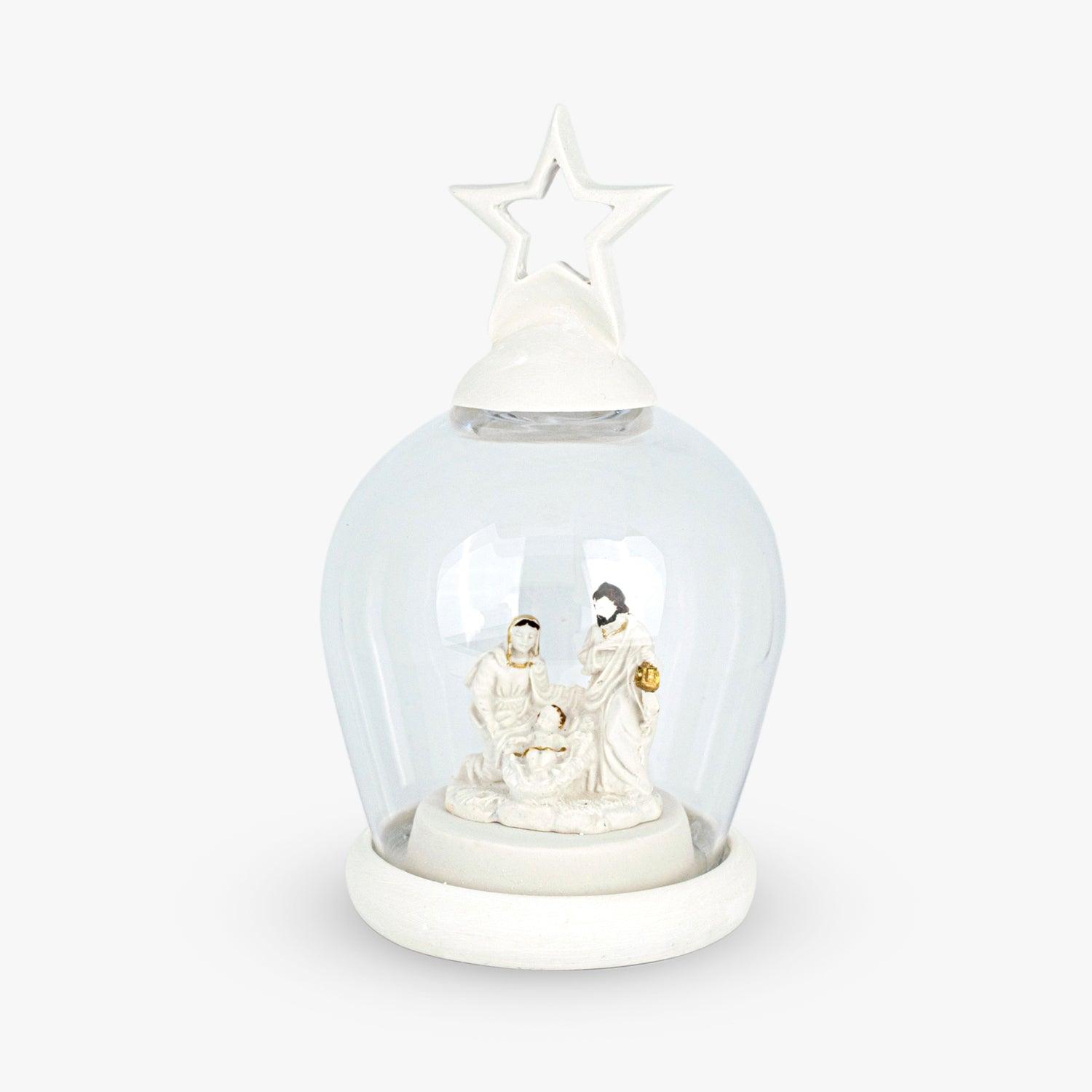 Campana in Vetro con Stella e Raffigurazione Presepe in Resina Bianca Decorata