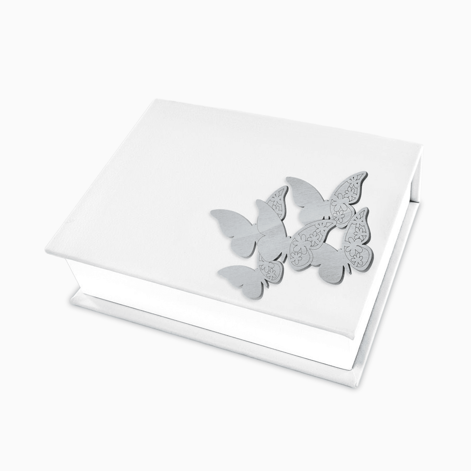 Cofanetto Portagioie in Eco Pelle Bianca a Forma di Libro con Applicazione Farfalle Grigie in Legno Sagomato Svuotatasche e Cofanetti Albalu Bomboniere