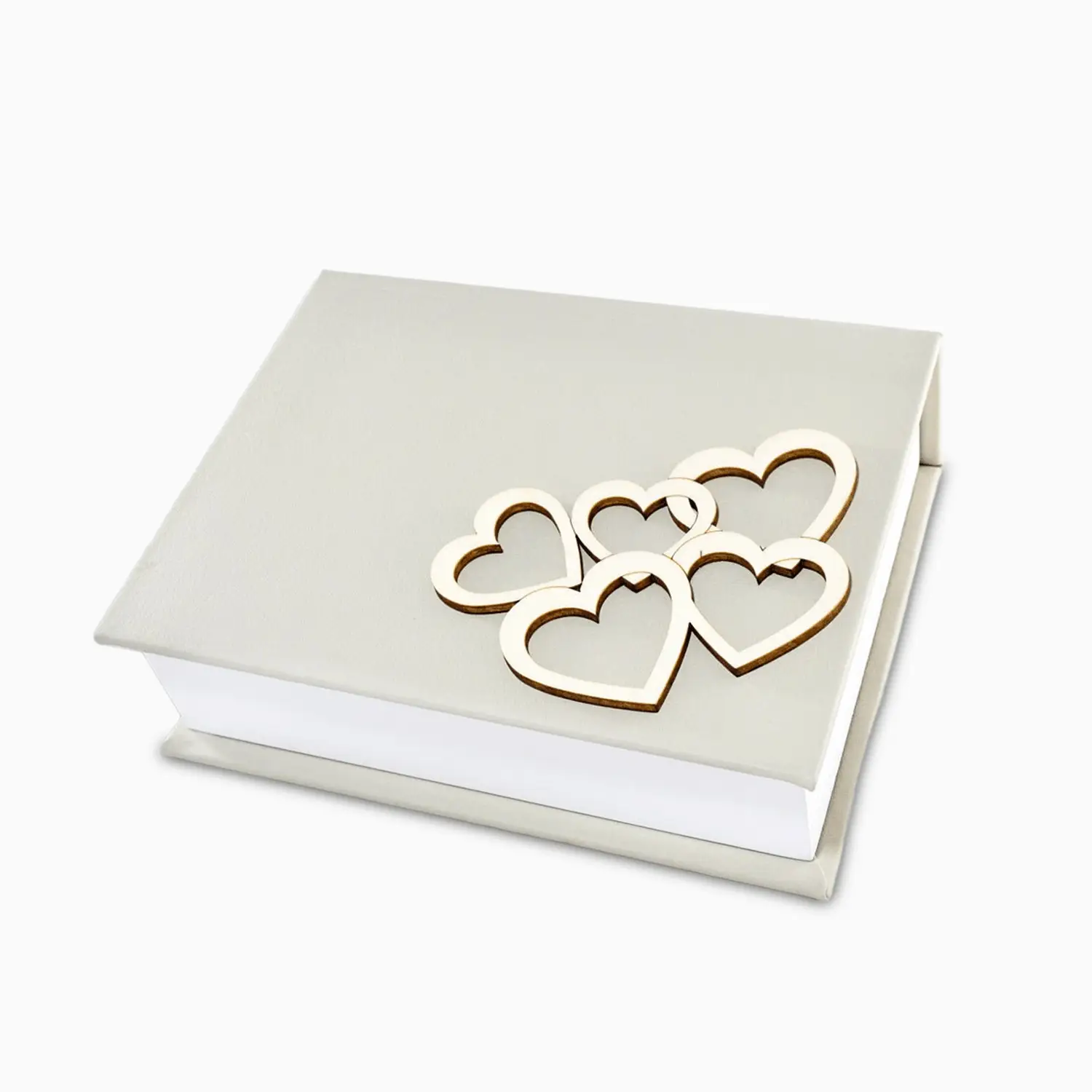 Cofanetto Portagioie in Eco Pelle Panna a Forma di Libro con Applicazione Cinque Cuori in Legno Sagomato Svuotatasche e Cofanetti Albalu Bomboniere
