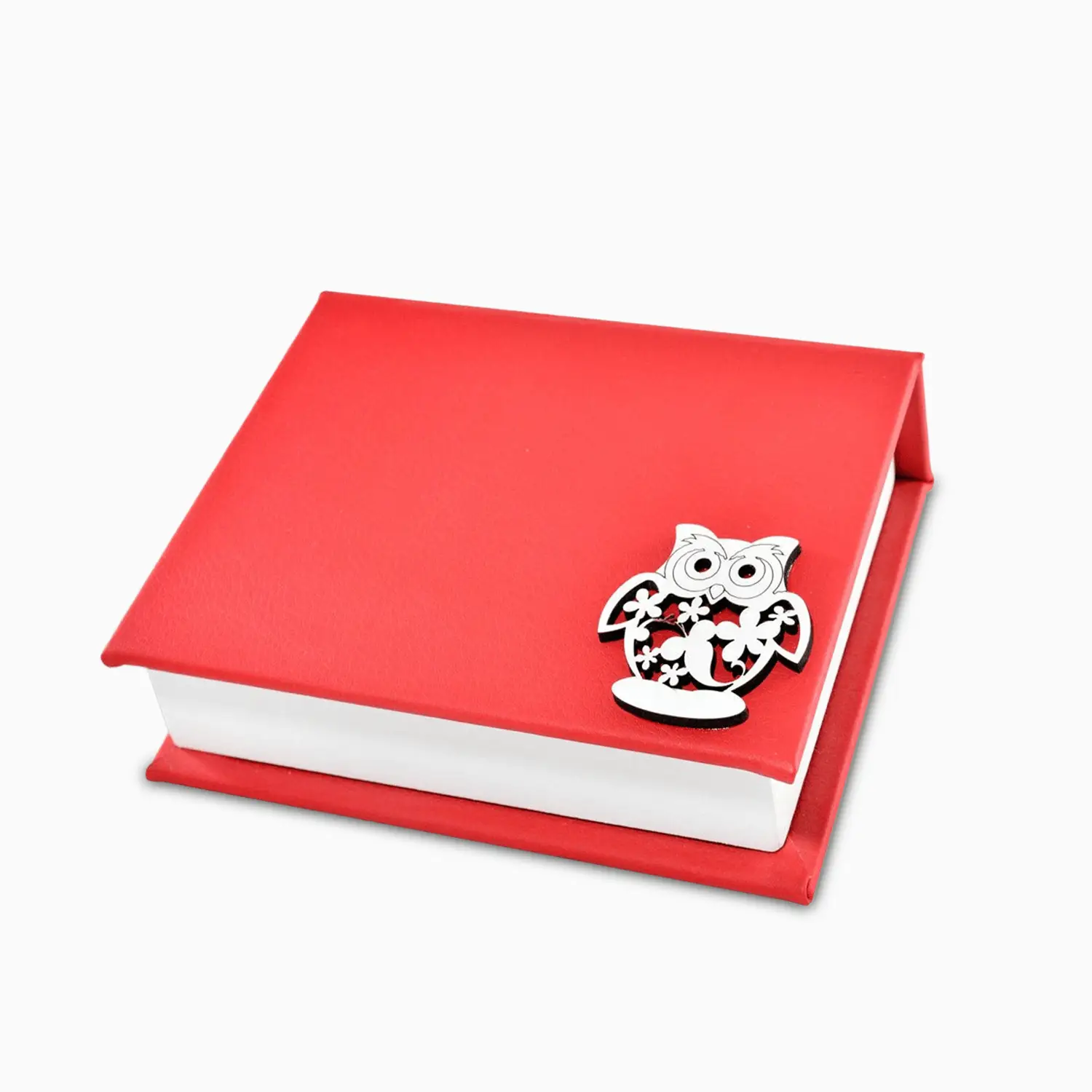 Cofanetto Portagioie in Eco Pelle Rossa a Forma di Libro con Applicazione Gufetto in Legno Sagomato a Tema Laurea Regali Laurea Albalu Bomboniere