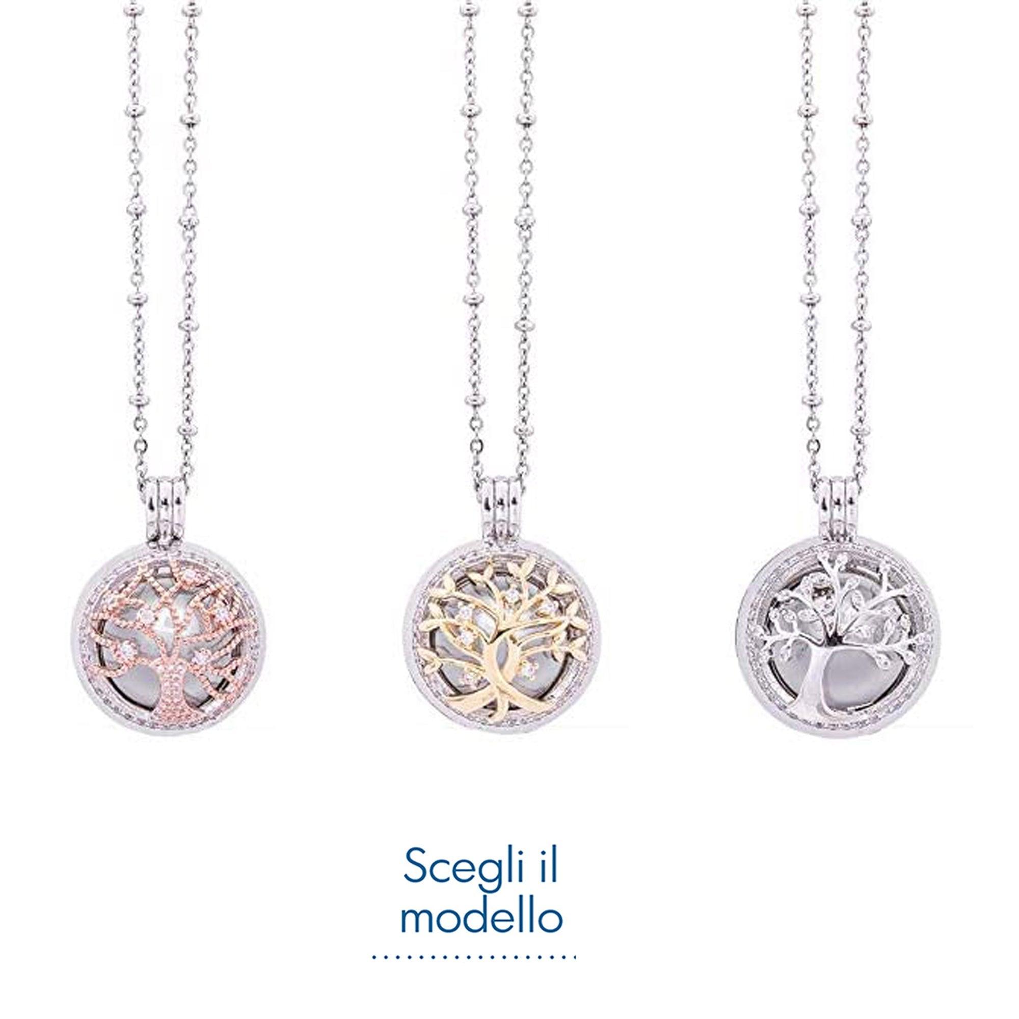 Collana Chiama Angeli Ottone e Zirconi a Sfera Tema Albero della Vita Con Catenella Argentata Inalterabile con Scatola Regalo Inclusa Regali Nascita & Battesimo Albalu Bomboniere
