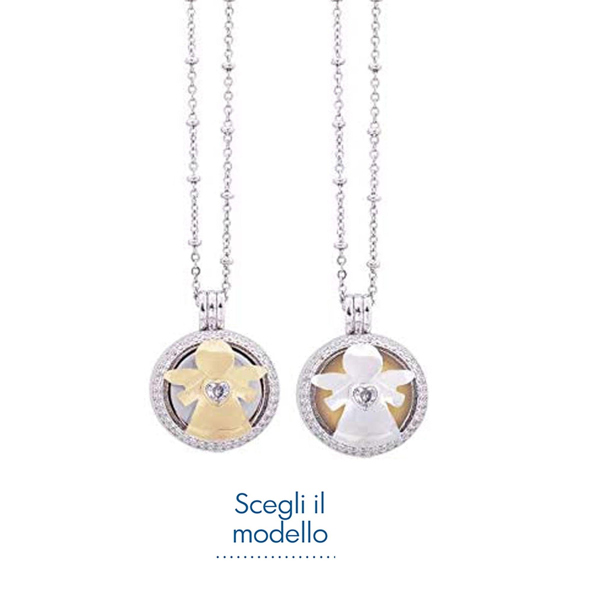 Collana Chiama Angeli Ottone e Zirconi a Sfera Tema Angelo Con Catenella Argentata Inalterabile Regali Nascita & Battesimo Albalu Bomboniere