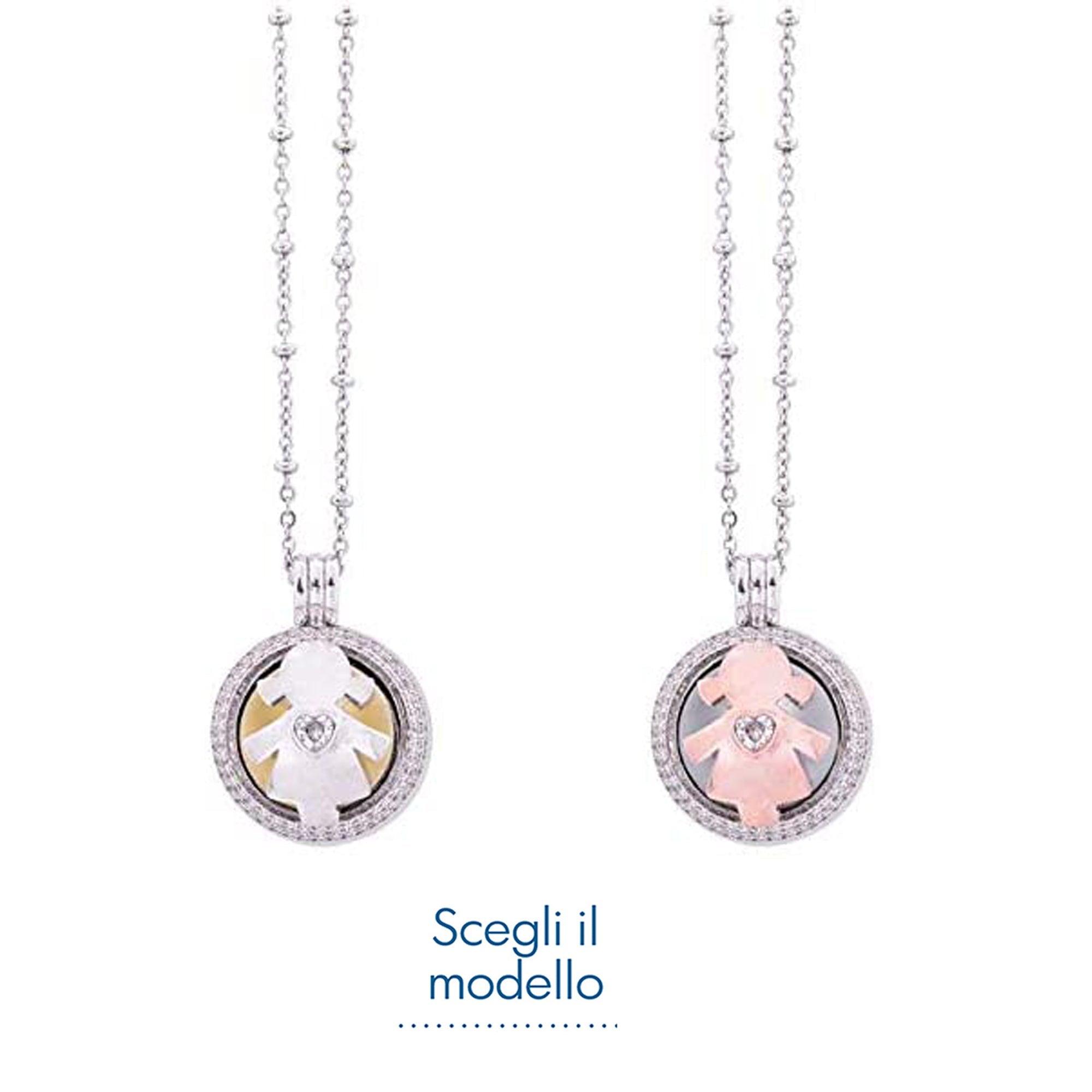 Collana Chiama Angeli Ottone e Zirconi a Sfera Tema "Bimba" Con Catenella Argentata Inalterabile con Scatola Regalo Inclusa Regali Nascita & Battesimo Albalu Bomboniere
