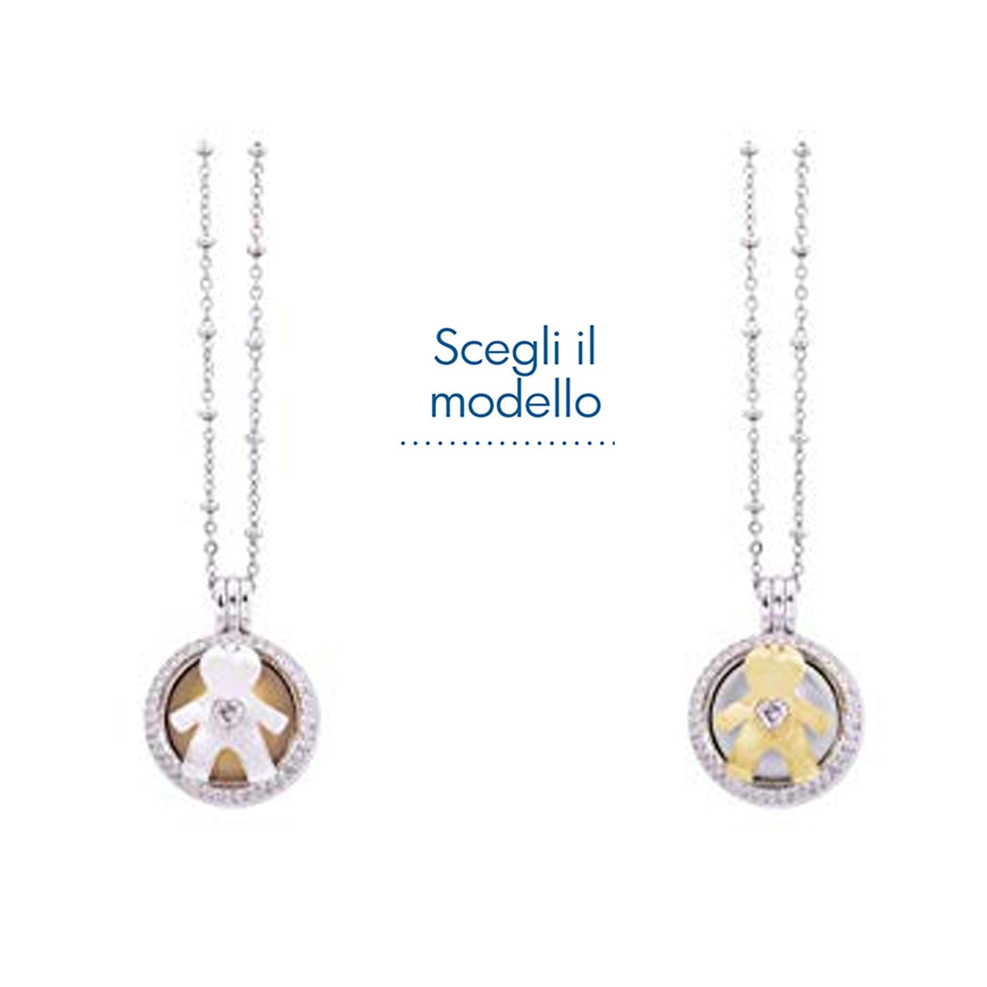 Collana Chiama Angeli Ottone e Zirconi a Sfera Tema "Bimbo" Con Catenella Argentata Regali Nascita & Battesimo Albalu Bomboniere