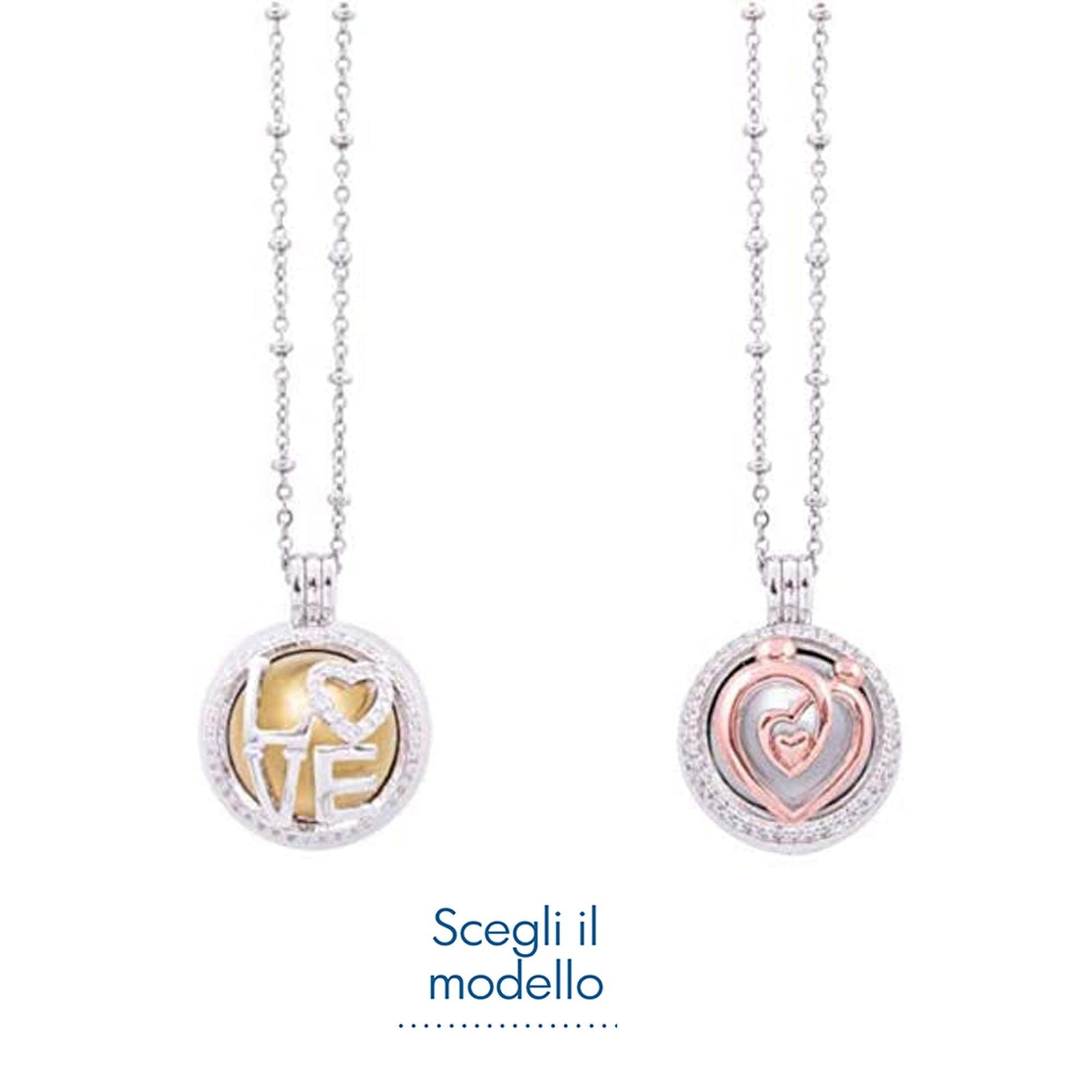 Collana Chiama Angeli Ottone e Zirconi a Sfera Tema Love Con Catenella Argentata Inalterabile con Scatola Regalo Inclusa Regali Nascita & Battesimo Albalu Bomboniere