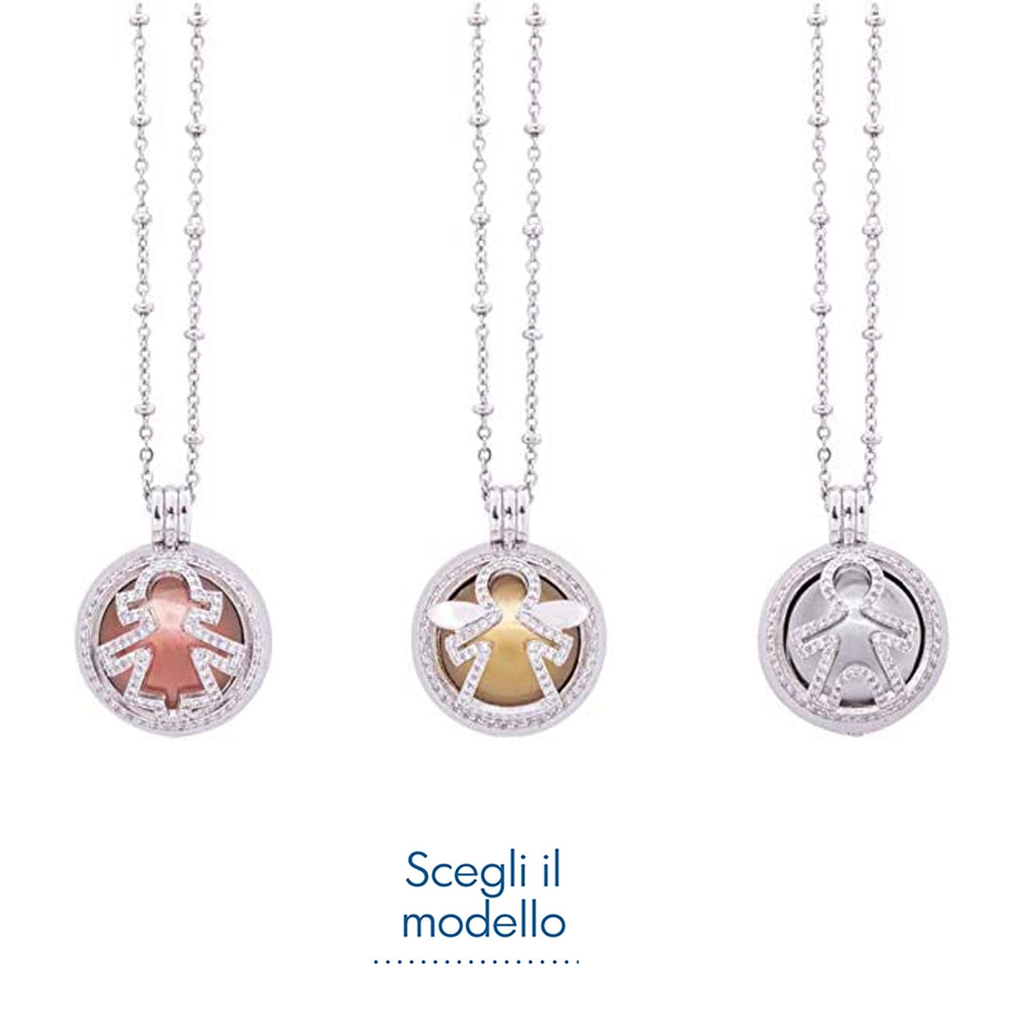Collana Chiama Angeli Ottone e Zirconi a Sfera Traforati Con Catenella Argentata Inalterabile con Scatola Regalo Inclusa Regali Nascita & Battesimo Albalu Bomboniere
