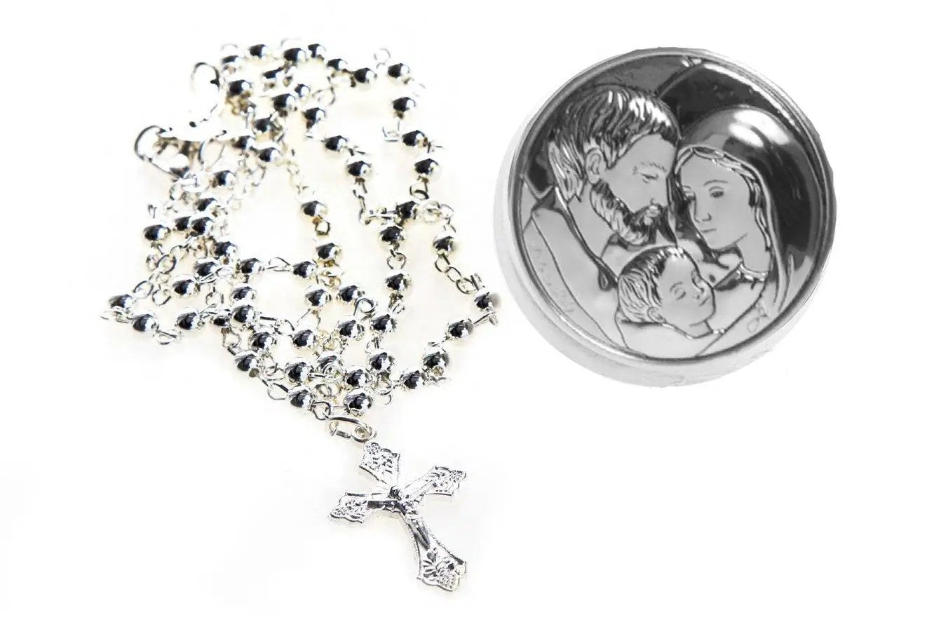 Collana Rosario e Porta Rosario in Metallo Sacra Famiglia Madonna con Bambino Angeli Padre Pio diametro 4cm Oggetti Sacri Albalu Bomboniere