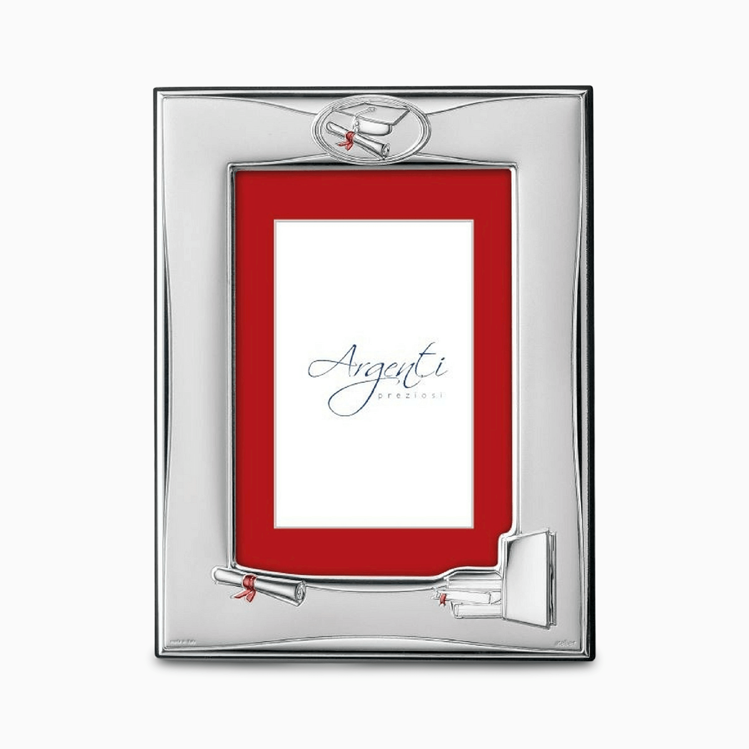 Cornice Portafoto in Argento Laminato con Placche Raffiguranti Pergamena Tesi e Tocco a Tema Laurea e Retro in Legno Laccato Cornici Portafoto Albalu Bomboniere