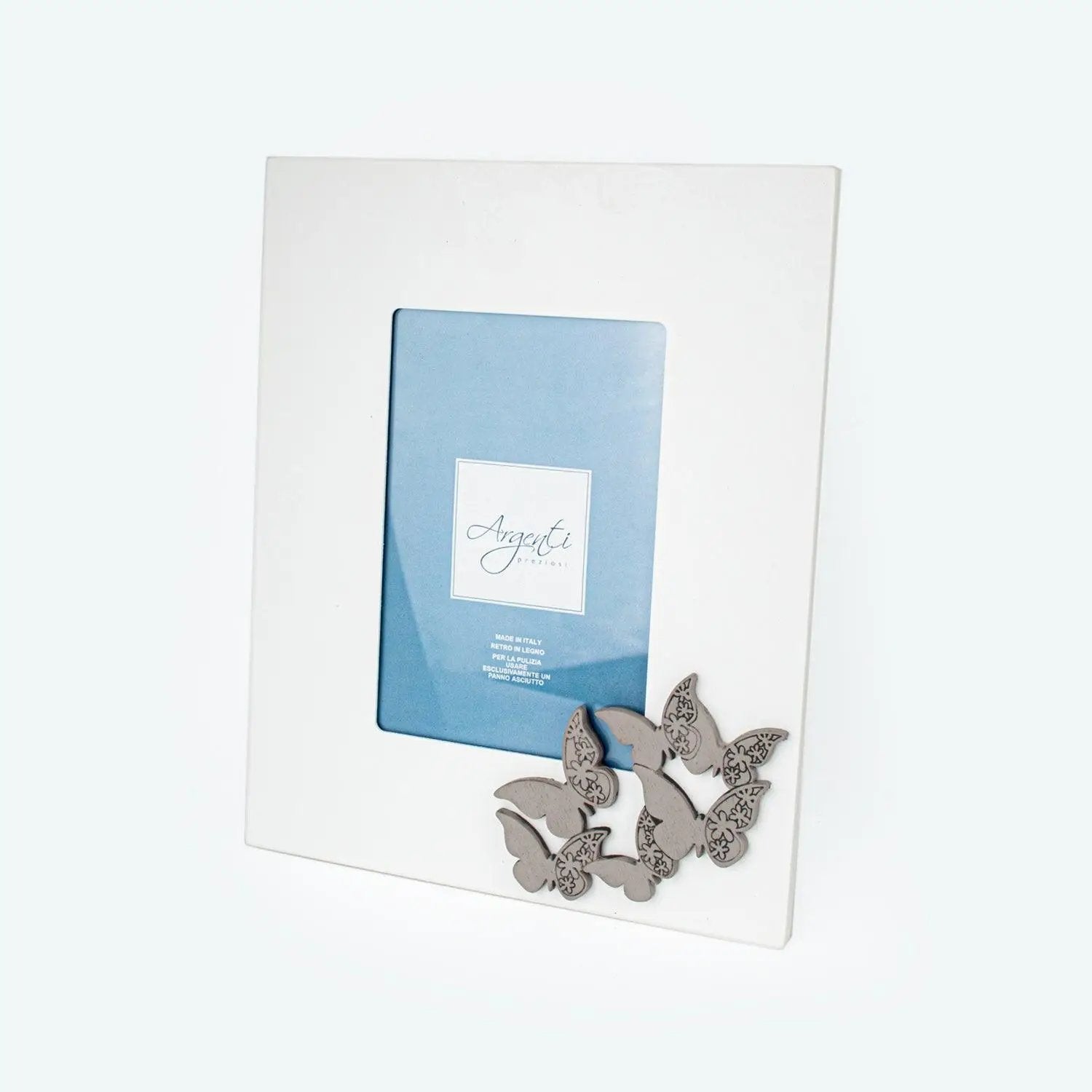 Cornice Portafoto in Legno Laccato Bianco con Applicazione Farfalle Color Tortora Cornici Portafoto Albalu Bomboniere