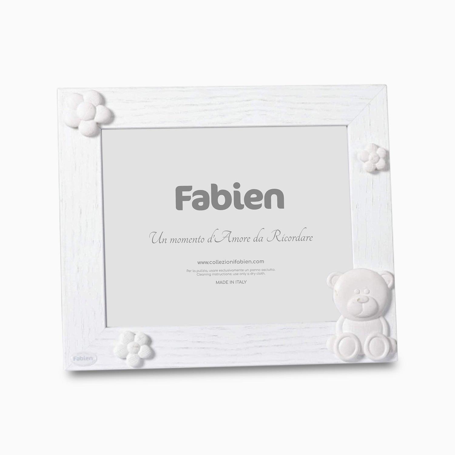 Cornice Portafoto in Legno Naturale Color Bianco con Applicazioni in Resina Misto Gesso a Forma di Orsetto e Fiorellini