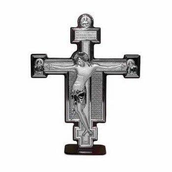 Crocifisso Cristo Croce in Argento Laminato Retro e Base in Legno da Appoggio Oggetti Sacri Albalu Bomboniere