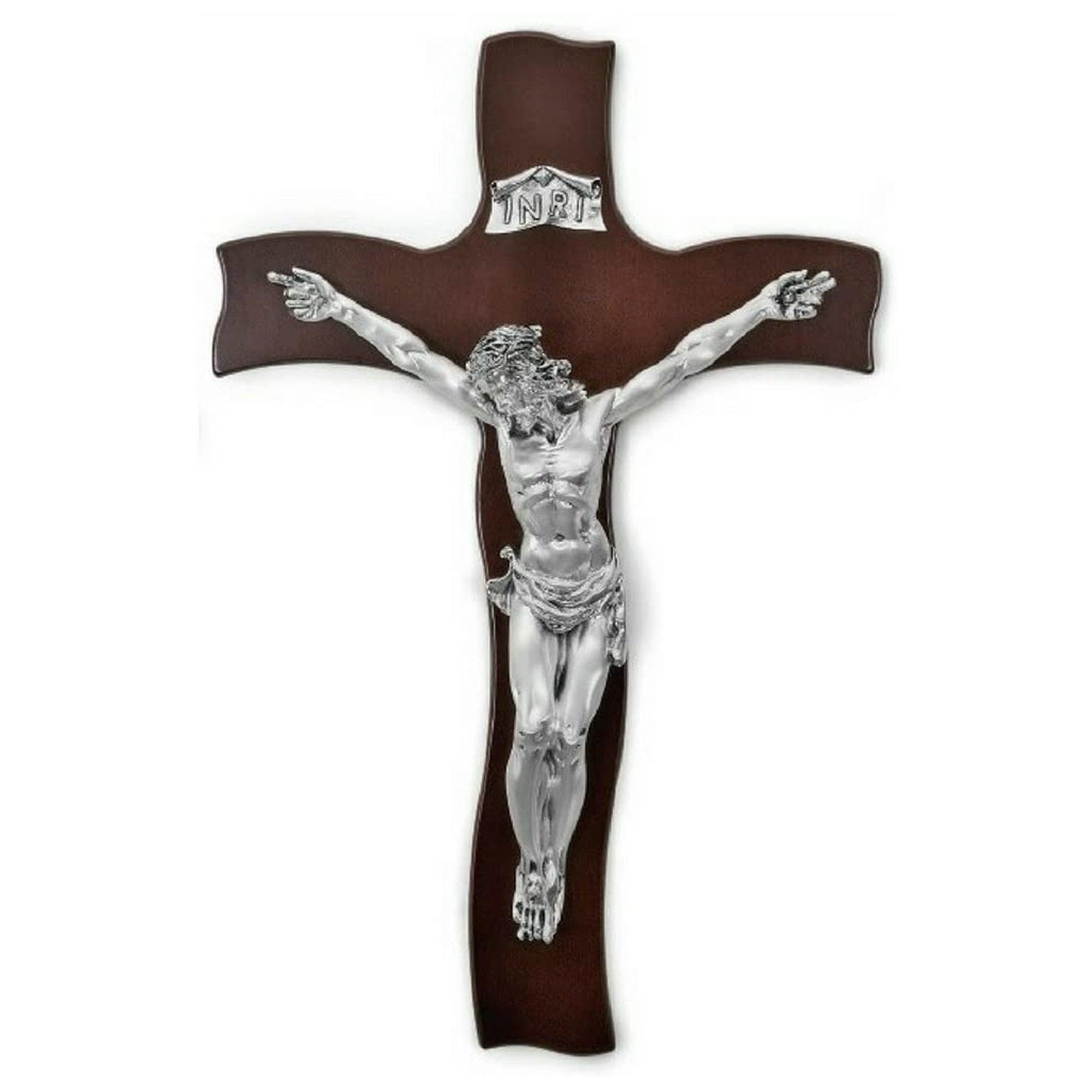 Crocifisso da parete moderno resina argento su retro in legno misura grande Oggetti Sacri Albalu Bomboniere