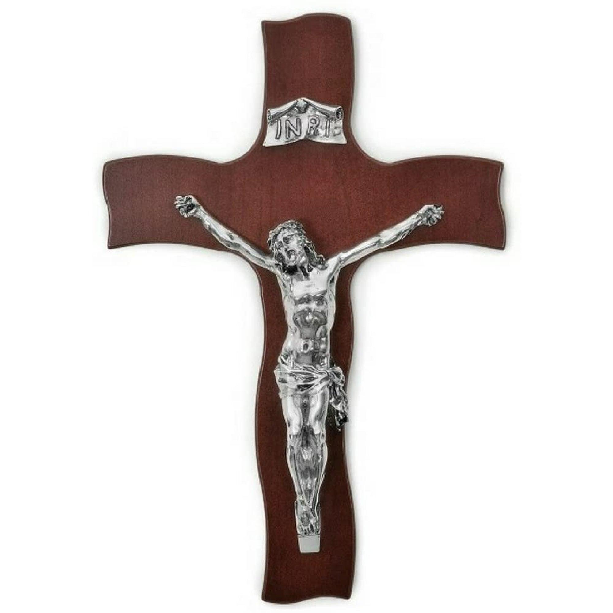 Crocifisso grande da parete moderno resina argento su retro in legno Oggetti Sacri Albalu Bomboniere