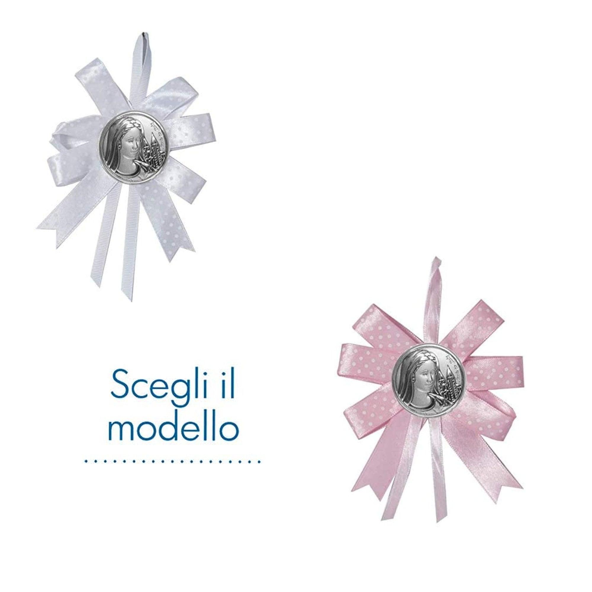 Fiocco Nascita con Placchetta Madonna di Medjugorje Argento Laminato Sopraculla e Nastrini Albalu Bomboniere