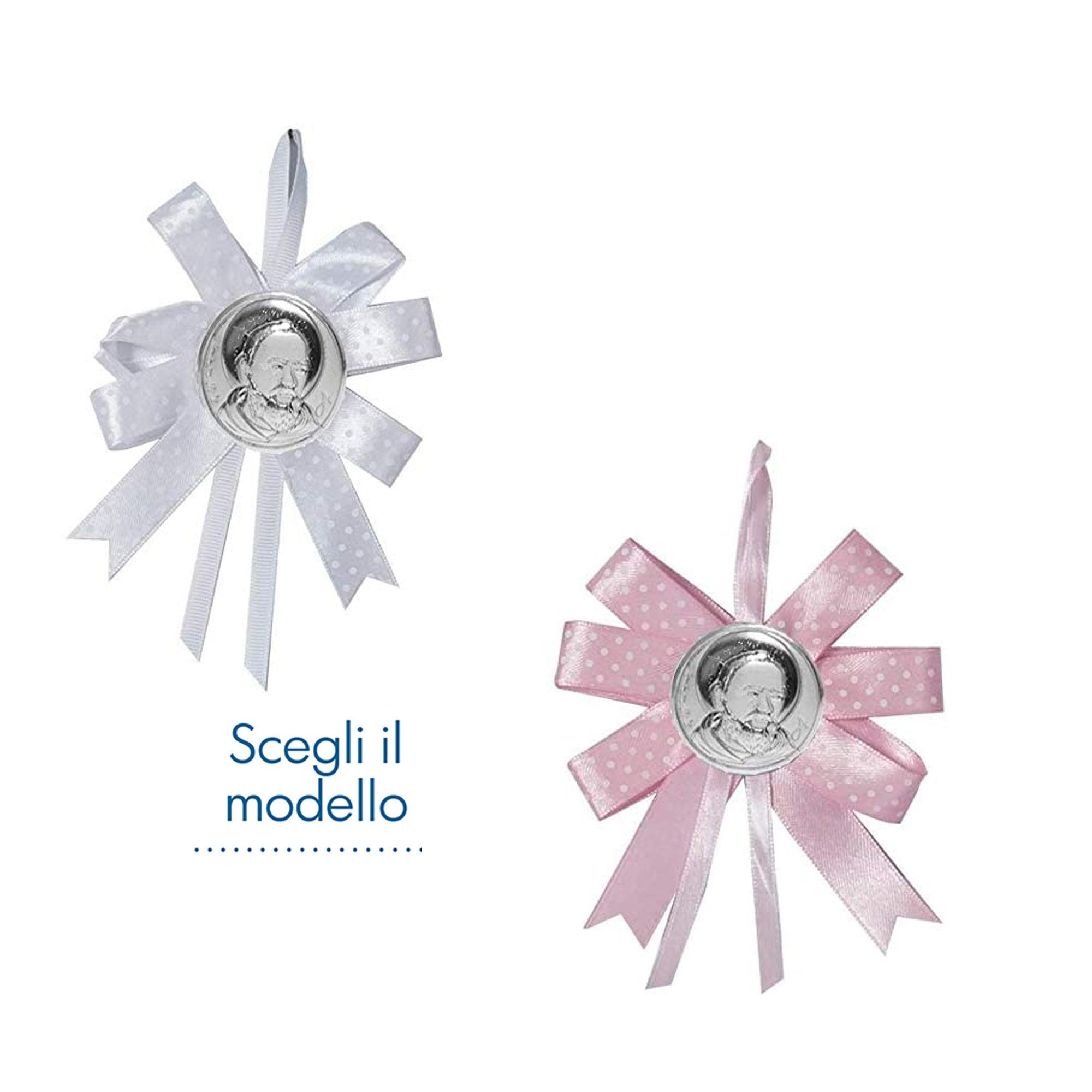 Fiocco Nascita con Placchetta San Pio Argento Laminato Sopraculla e Nastrini Albalu Bomboniere