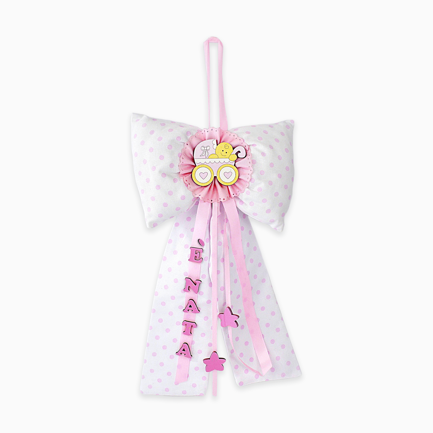 Fiocco Nascita per Bambina in Varie Trame e Fantasie con Colorazioni Rosa e Applicazioni in Legno a Tema Orsetti Personalizzabili