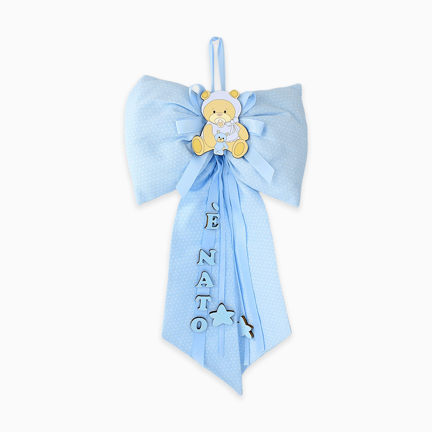 Fiocco Nascita per Bambino in Varie Trame e Fantasie con Colorazioni Azzurre e Applicazioni in Legno a Tema Orsetti Personalizzabili