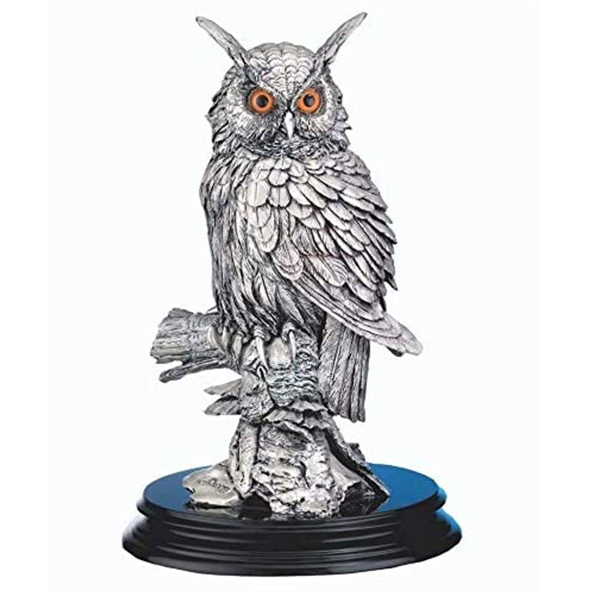 Statua Gufo Portafortuna in Resina Argentata con Base legno Ideale come Regalo Resina Argentata Albalu Bomboniere