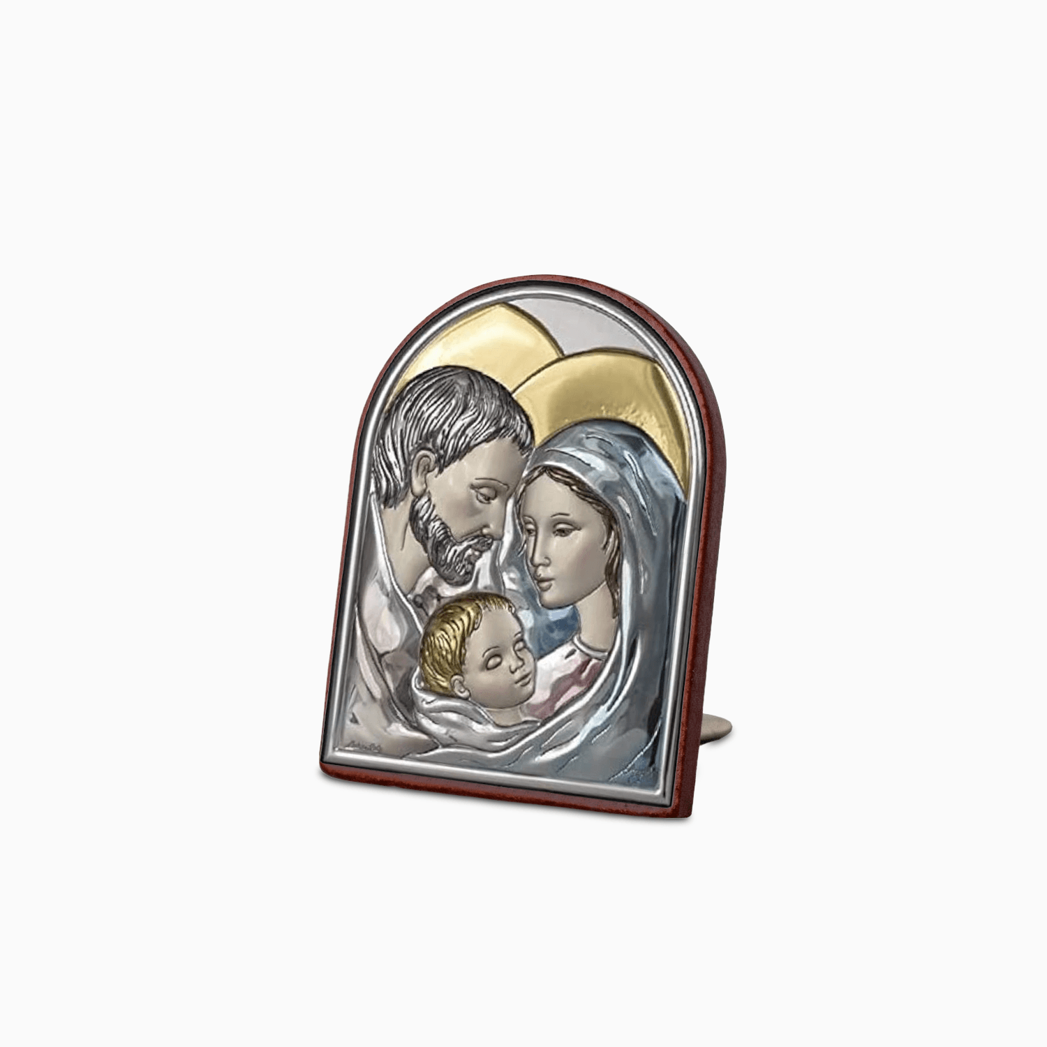 Icona Sacra Ad Arcata in Argento Laminato Colorato Con Retro In Legno Laccato e Piedino da Appoggio