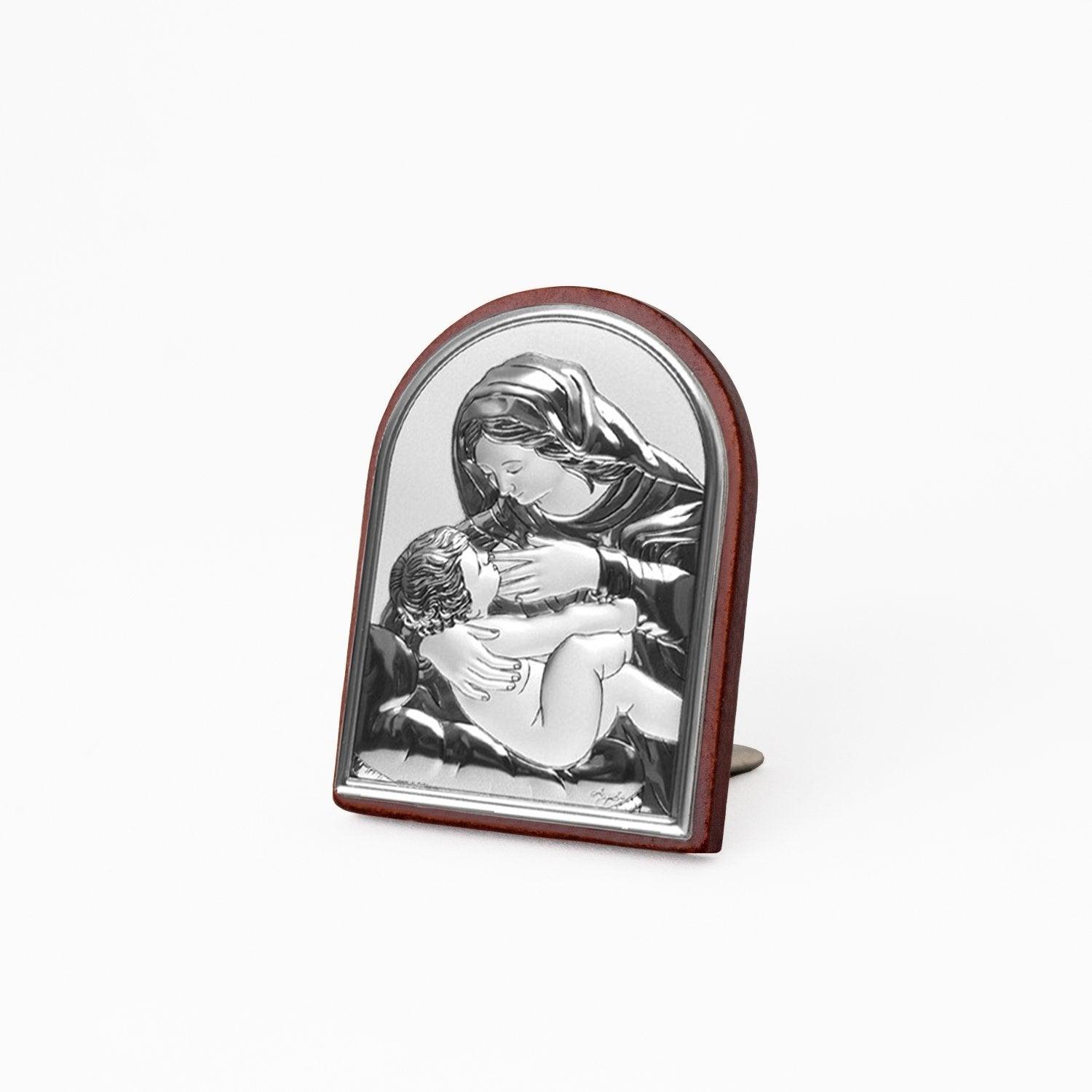 Icona Sacra Ad Arcata in Argento Laminato Con Retro In Legno da Appoggio e Muro