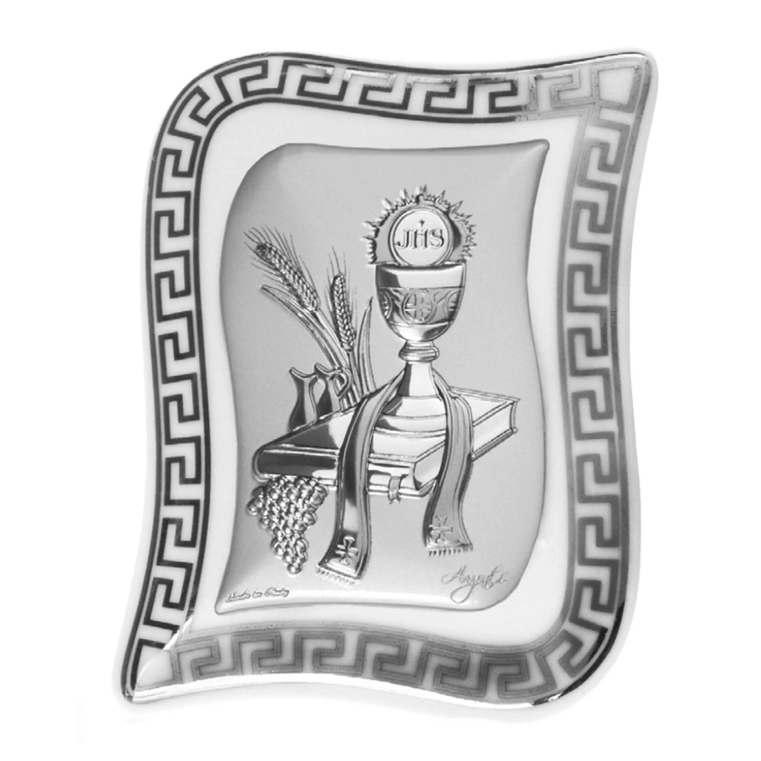 Bomboniera Icona in Porcellana Sagomata con Placca Comunione in Argento Laminato Icone Sacre Albalu Bomboniere