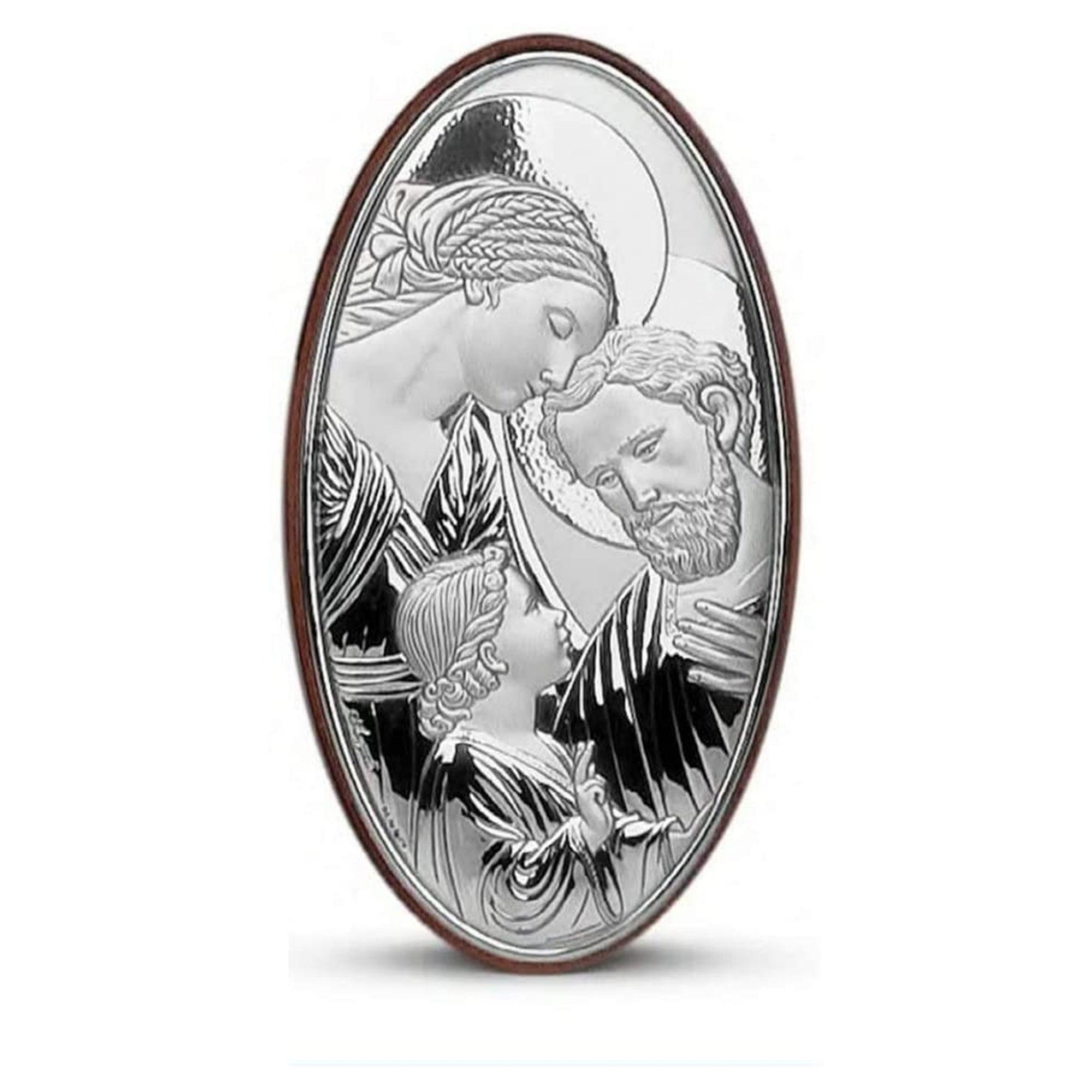 Icona Sacra Famiglia ovale in Argento Laminato con Retro Legno e scatola da regalo Inclusa Icone Sacre Albalu Bomboniere