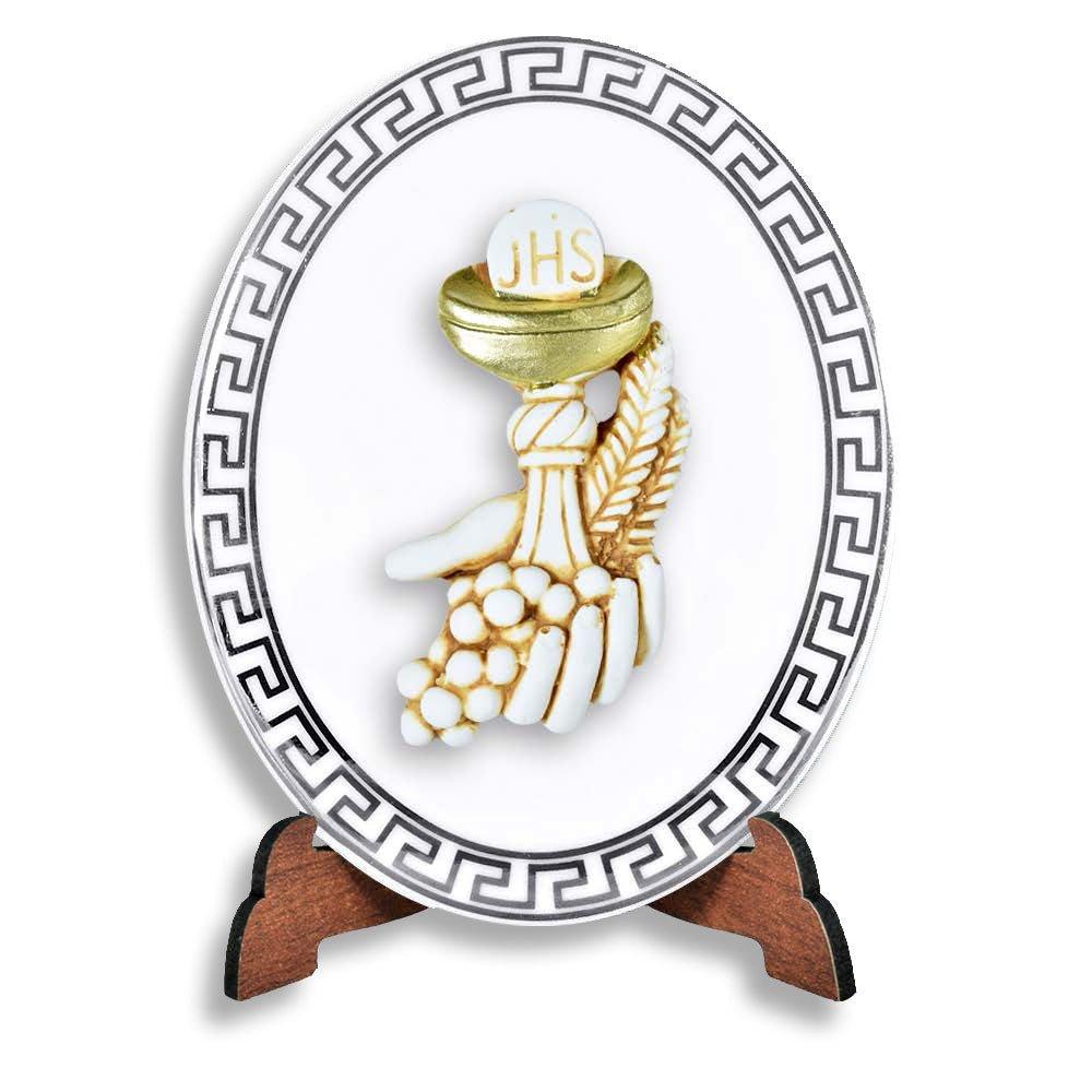 Icona Sacra Ovale Ceramica retro Legno Calice Comunione Oggetti Sacri Albalu Bomboniere