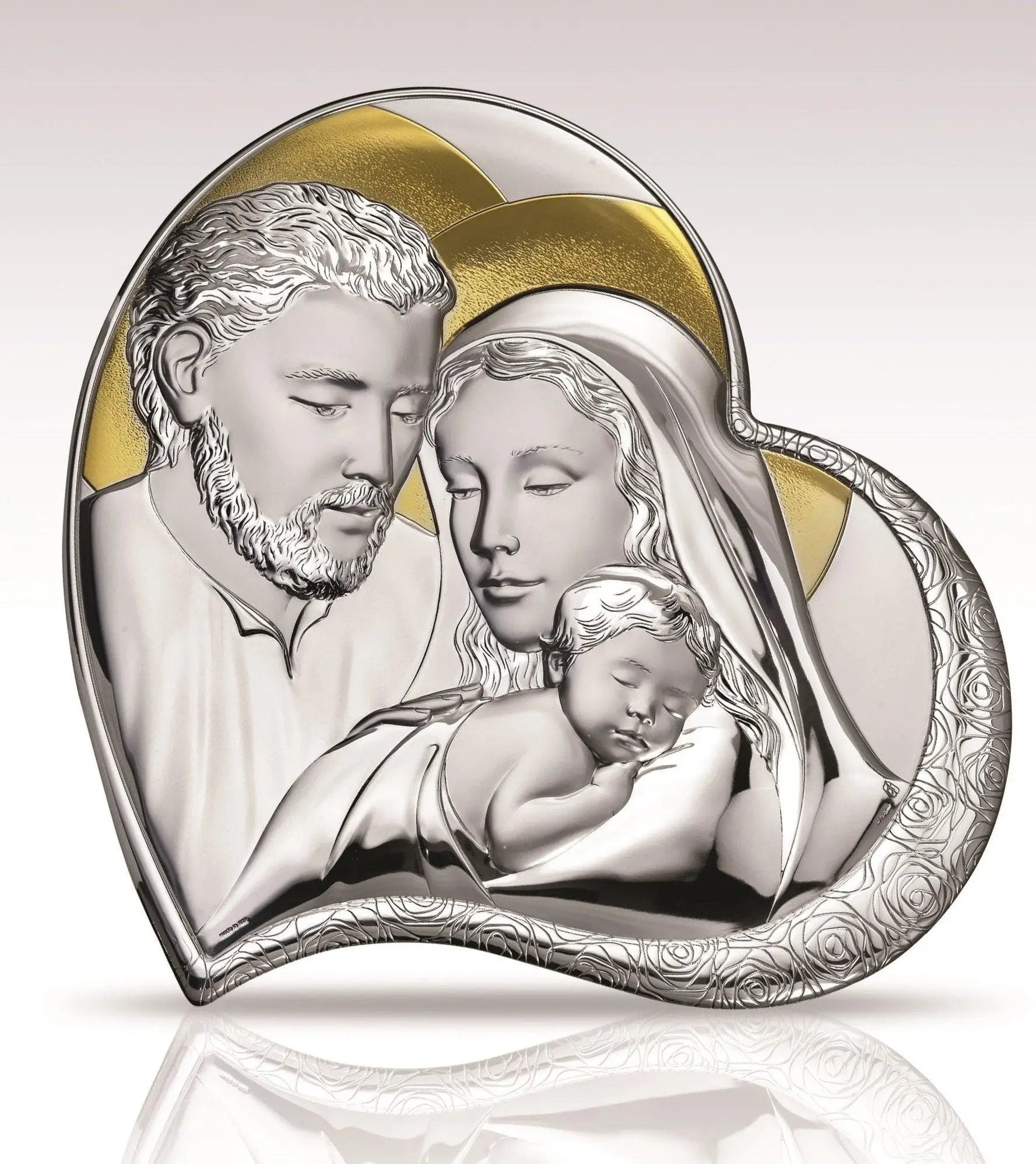 Icona Sacra Sacra Famiglia Cuore Argento Bilaminato Decorato Oro