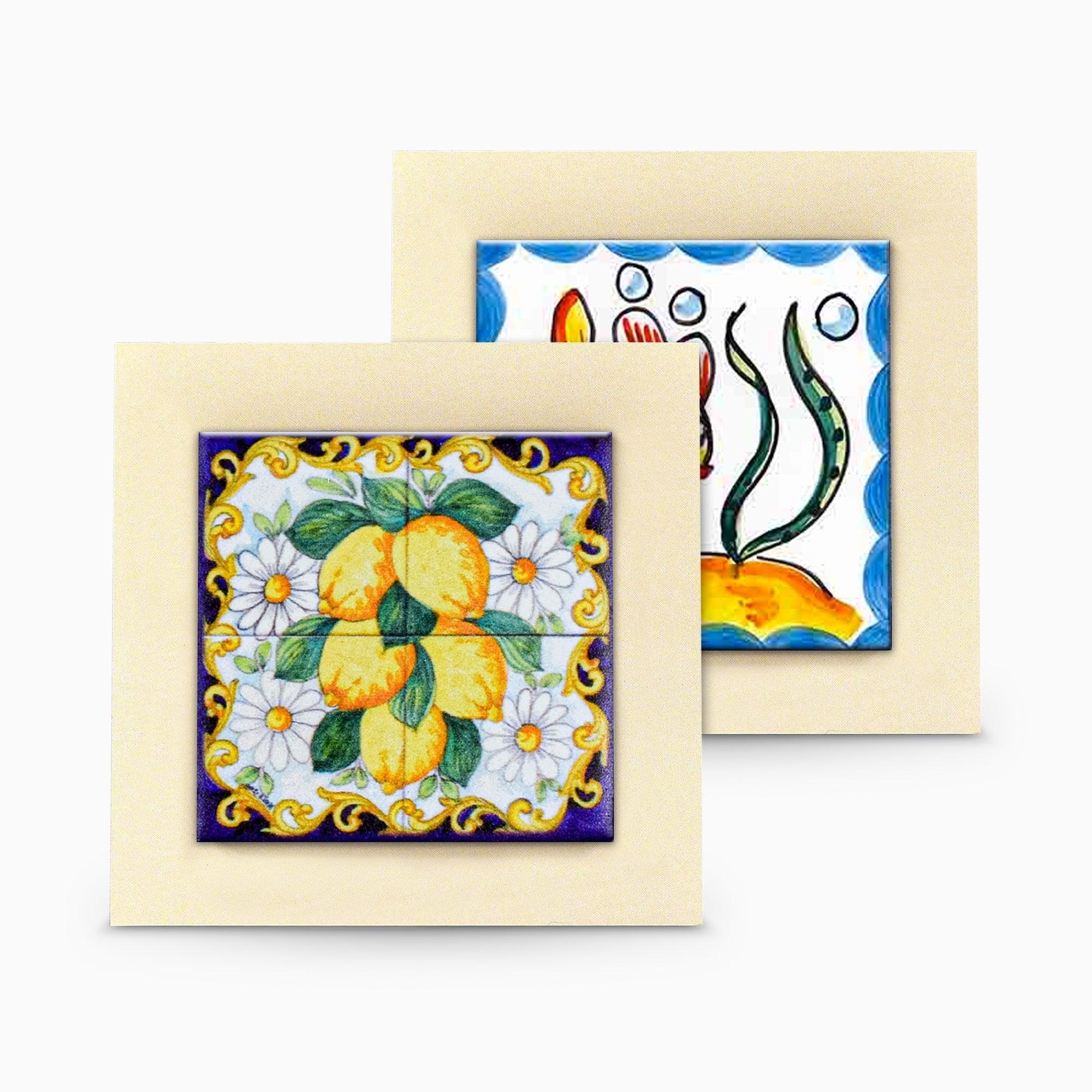 Bomboniera Icona in Legno con Piastrella a Tema Positano e limoni con Piedino da Appoggio Quadretti Albalu Bomboniere