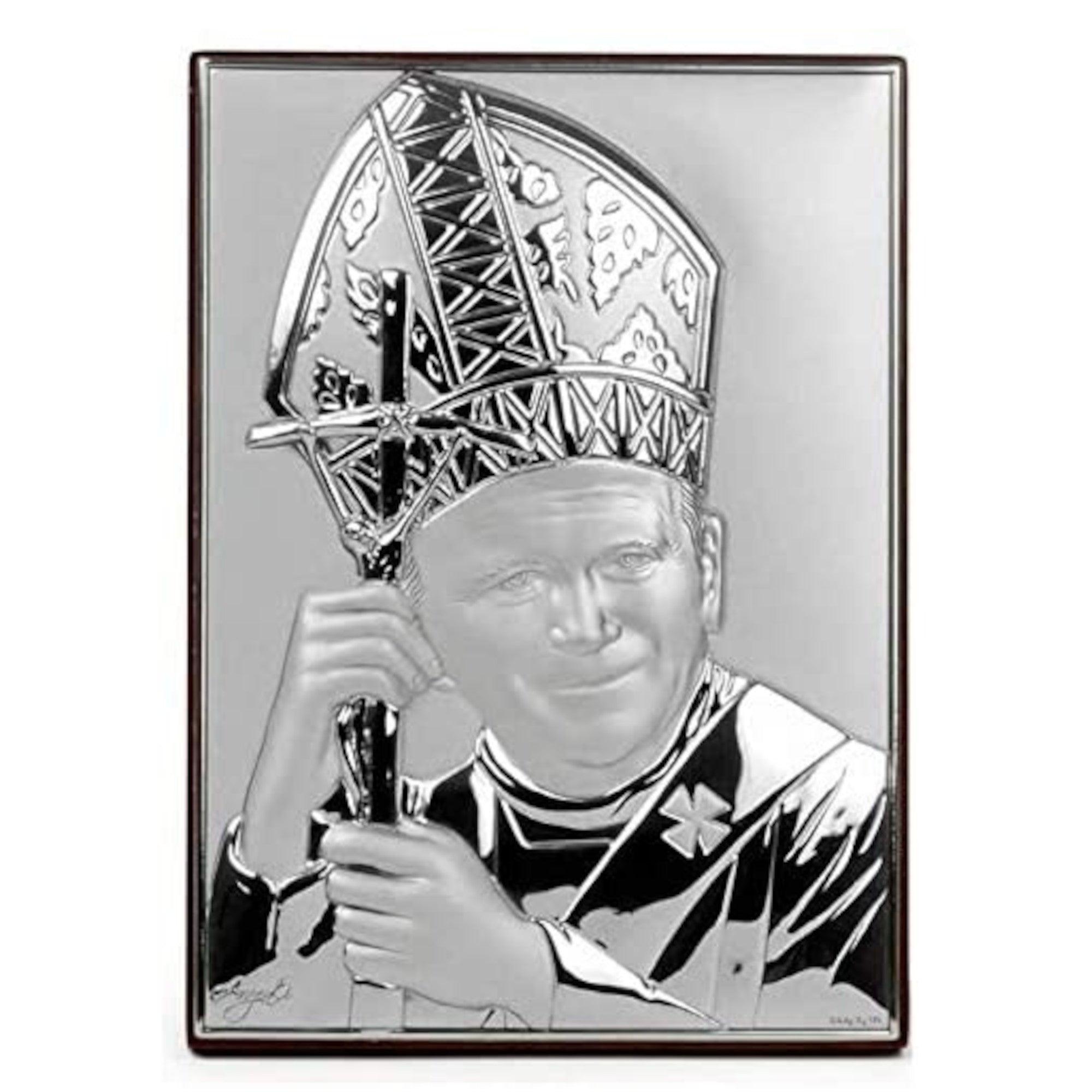 Icona sacra Papa Giovanni Paolo II in Argento laminato e retro Legno