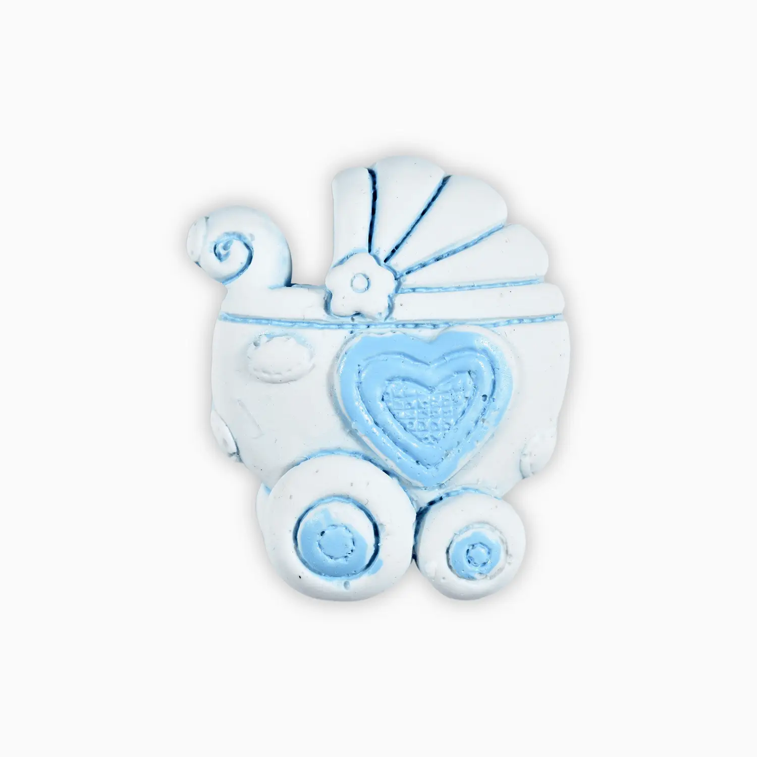 Magnete a Forma di Carrozzina con Cuore in Resina Decorata per Bimbo e Bimba a Tema Nascita e Battesimo