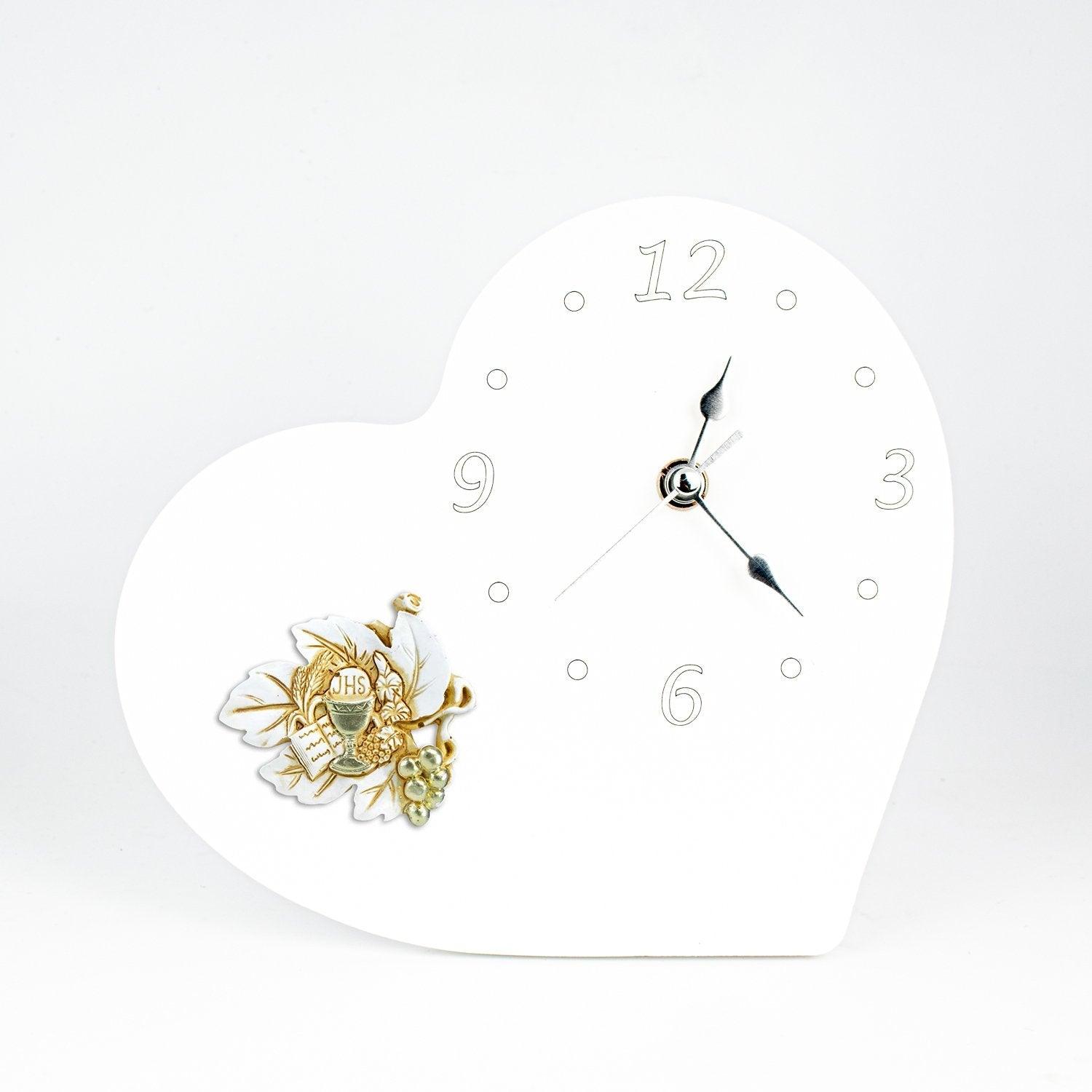 Orologio Comunione in Legno Laccato Bianco a Forma di Cuore con Applicazione in Resina