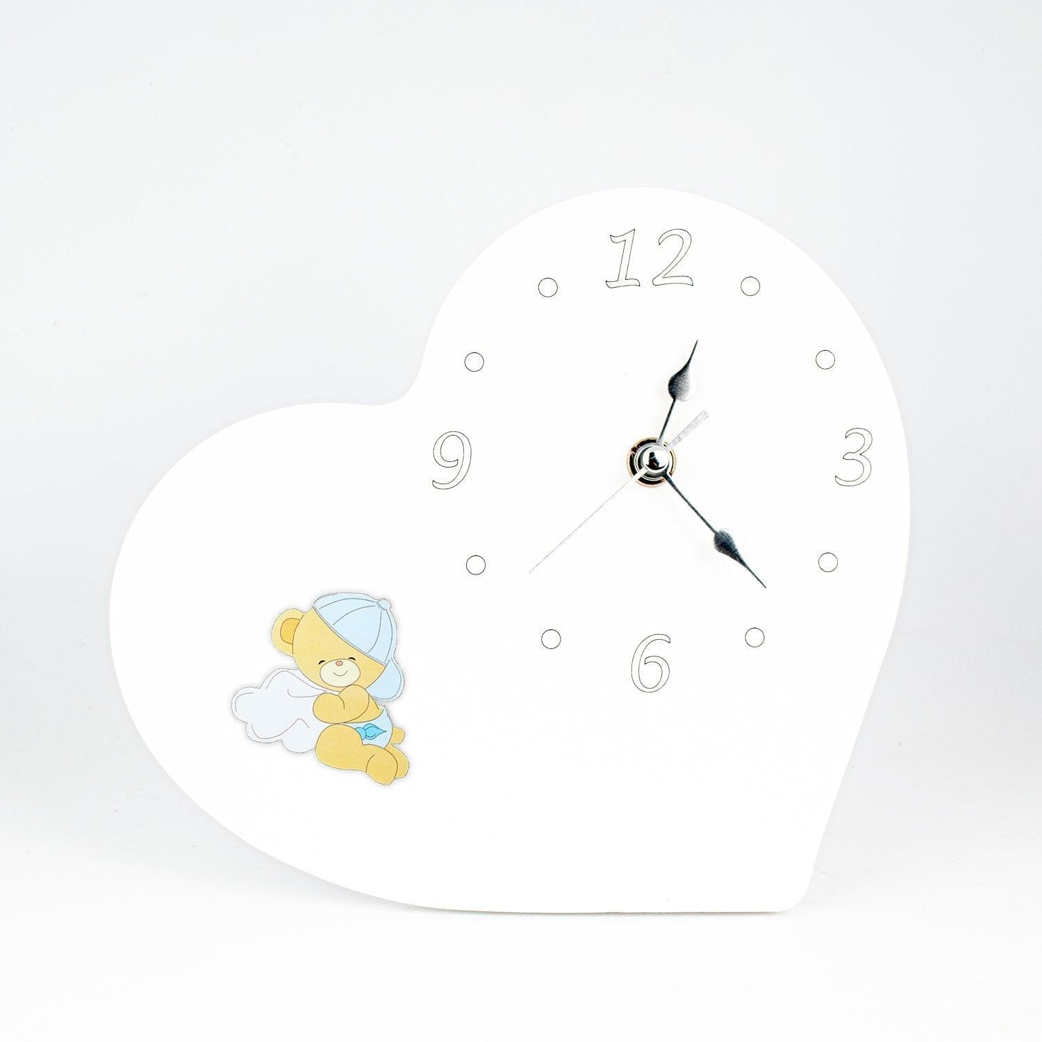 Orologio Nascita e Battesimo in Legno Laccato Bianco a Forma di Cuore con Applicazione Orsetti