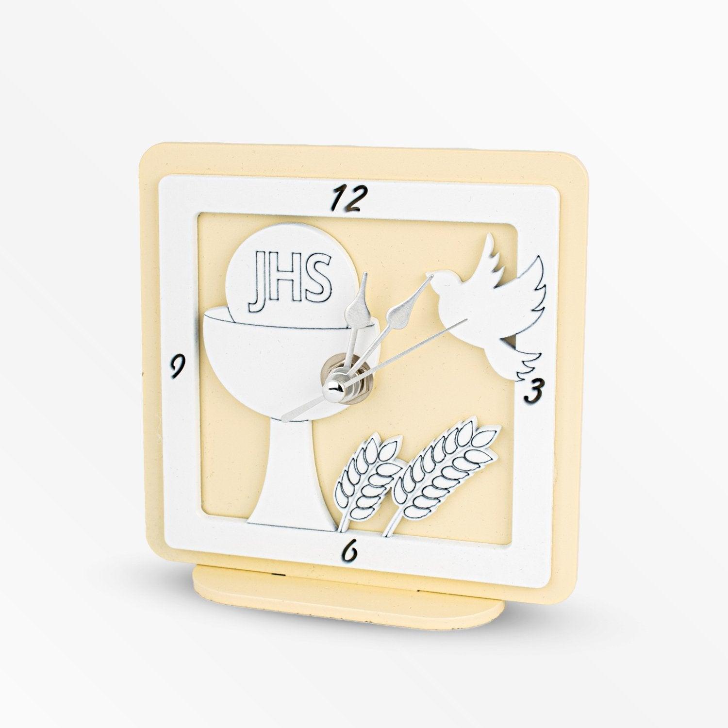 Orologio Quadrato in Legno Laccato Bianco e Panna a Tema Comunione Eucarestia Orologi Albalu Bomboniere