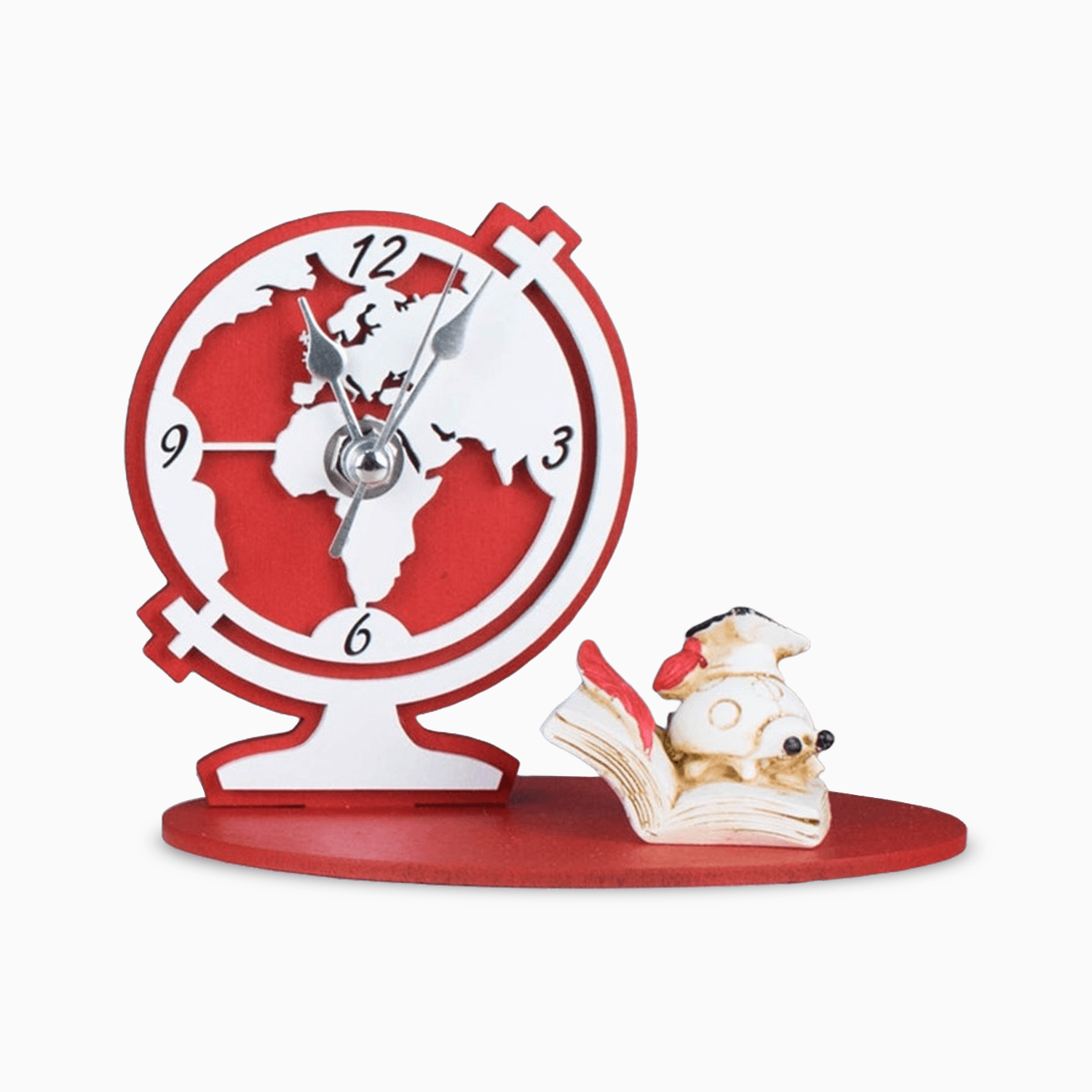 Orologio da Tavolo Mappamondo in Legno Laccato Rosso con Numeri incisi e Applicazioni in Resina Decorata a Tema Laurea su Basetta Larga