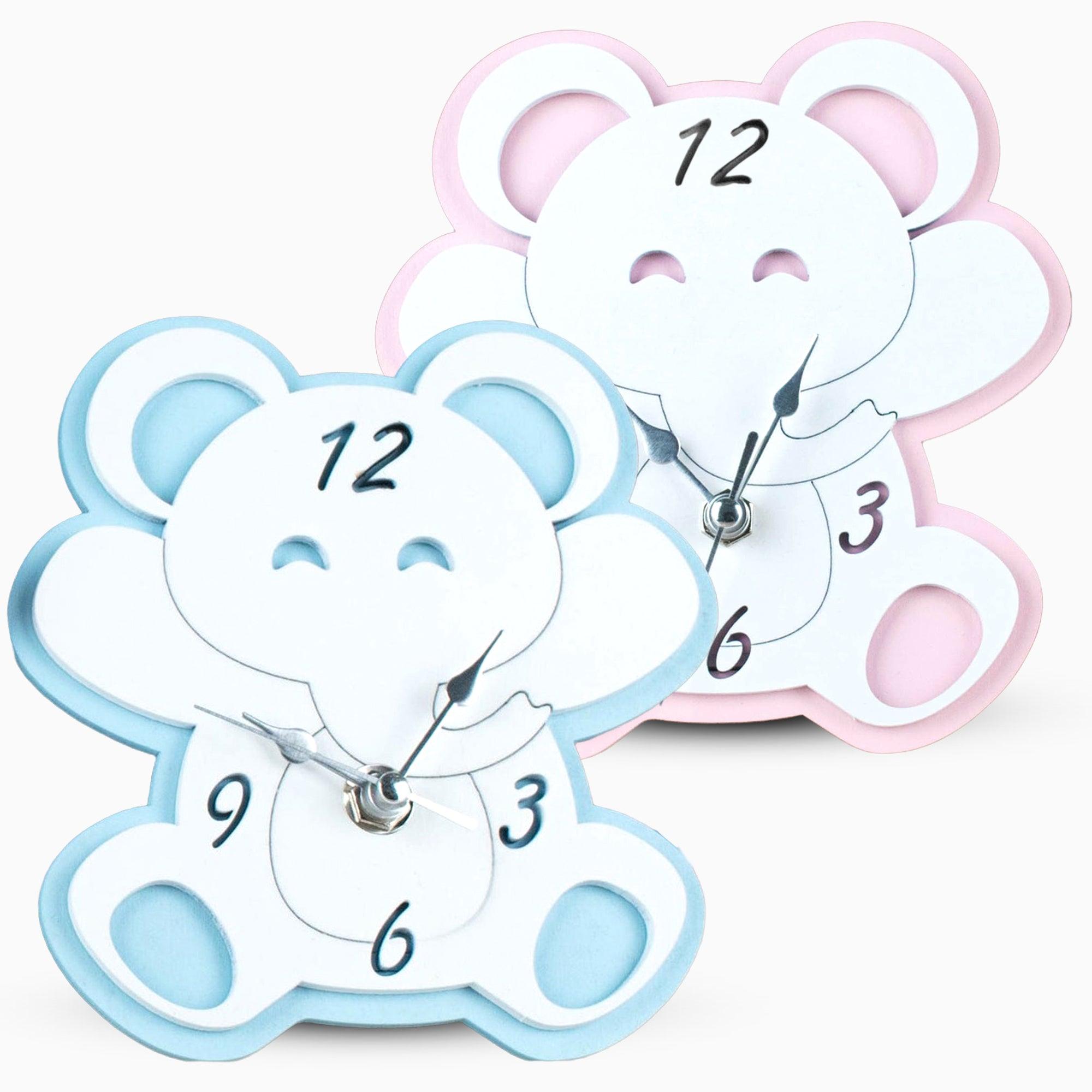 Orologio in Legno Verniciato a Forma di Elefantino Rosa o Celeste Orologi Albalu Bomboniere