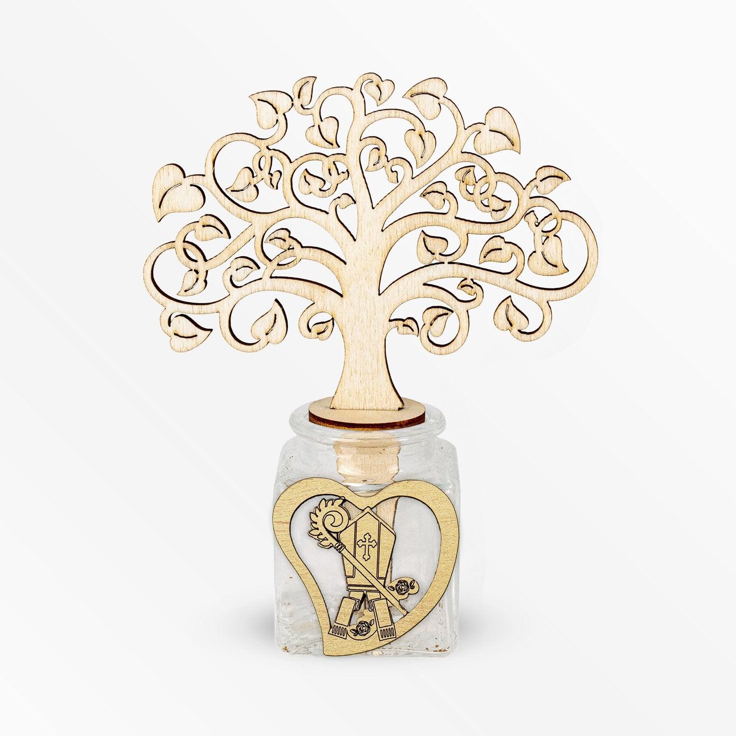 Profumatore Base in Vetro con diffusore Albero della Vita e Applicazione in Legno a Tema Mitra Cresima Profumatori Albalu Bomboniere