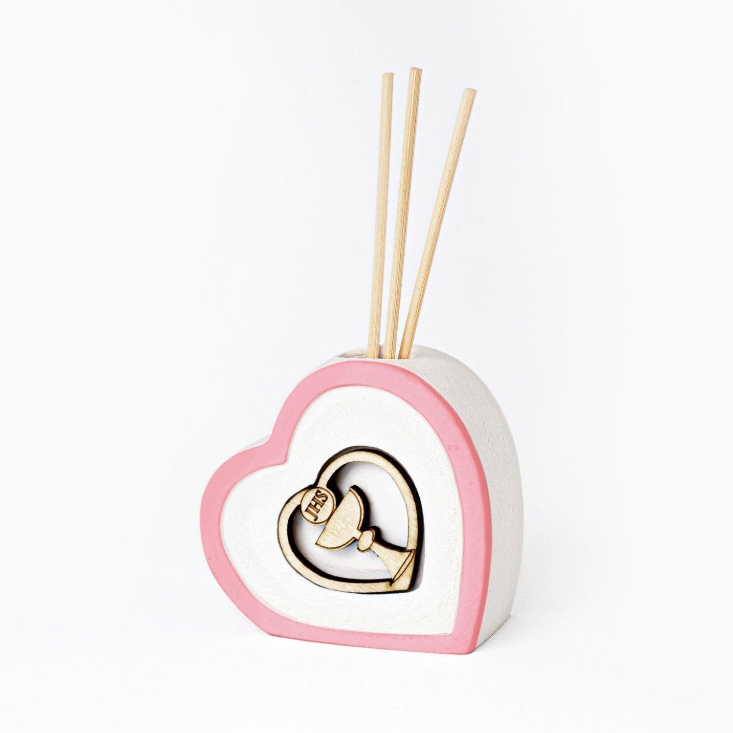Bomboniera Profumatore Comunione Con Calice in legno e Cuore in Resina